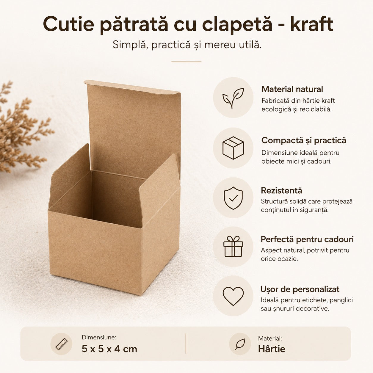 Cutie pătrată cu clapetă - kraft (set 50 buc)