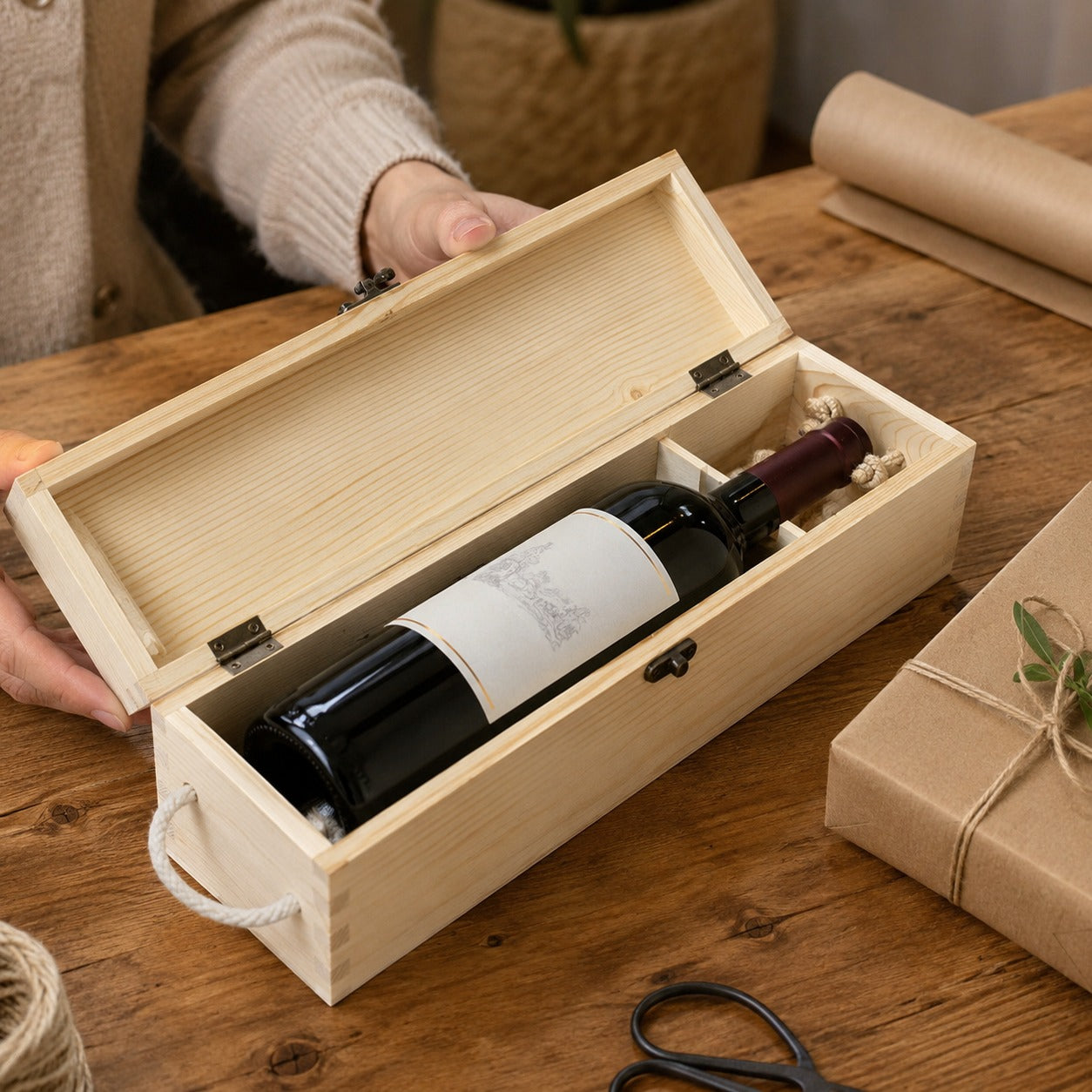 Cutie din lemn pentru sticlă de vin cu mâner