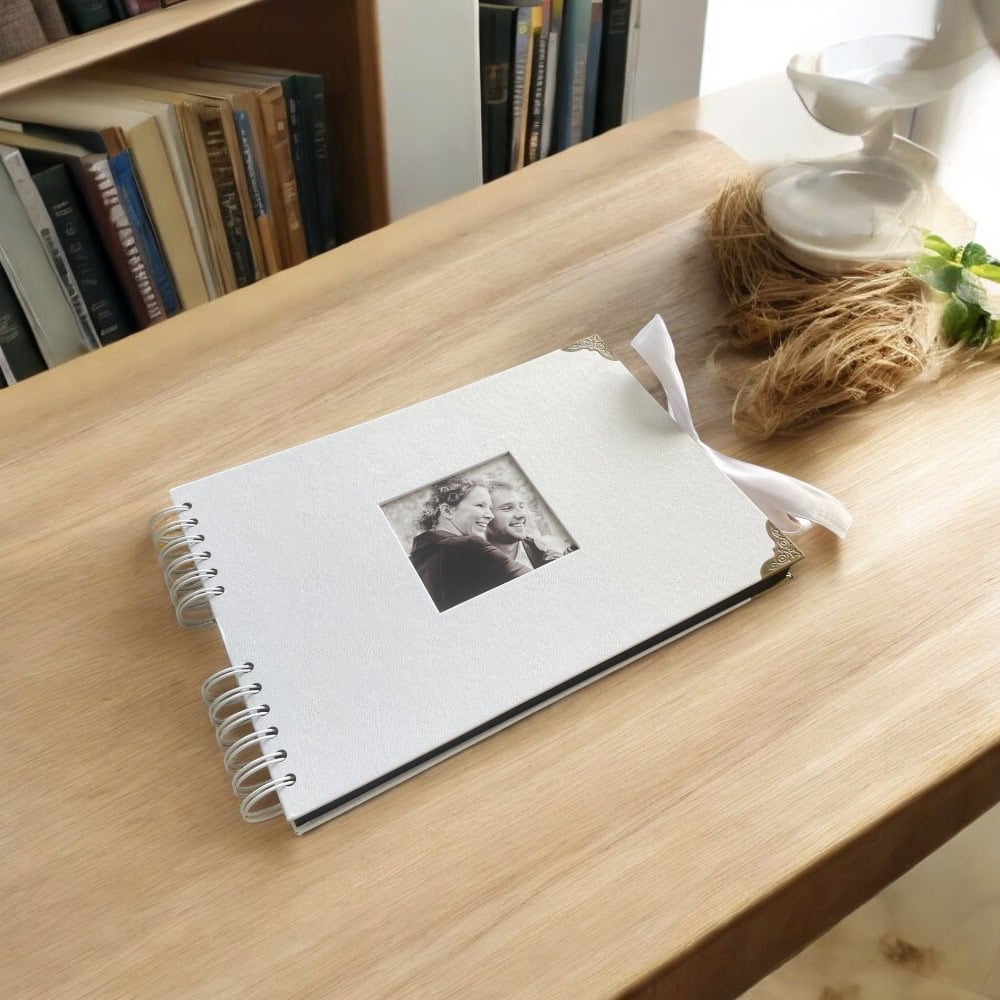 Album foto dreptunghiular spiarală cu copertă foto și panglică satin - alb 2 - craftup.ro
