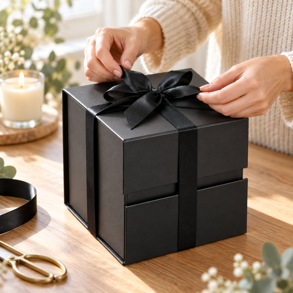 Cutie cadou cub magnetică pliabilă cu fundă - negru, exemplu de utilizare - CraftUp
