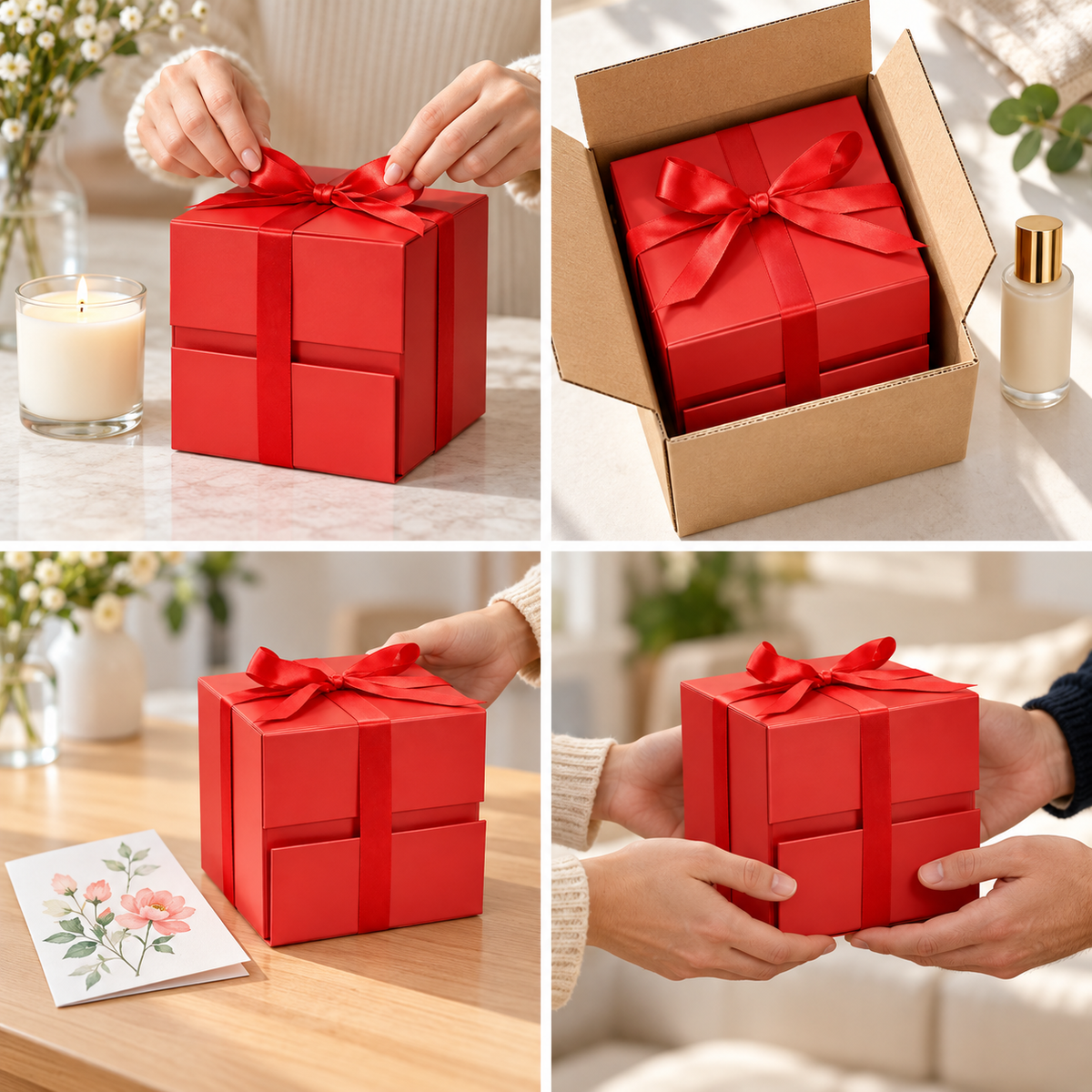 Cutie cadou cub magnetică pliabilă cu fundă - roșu, detalii - CraftUp
