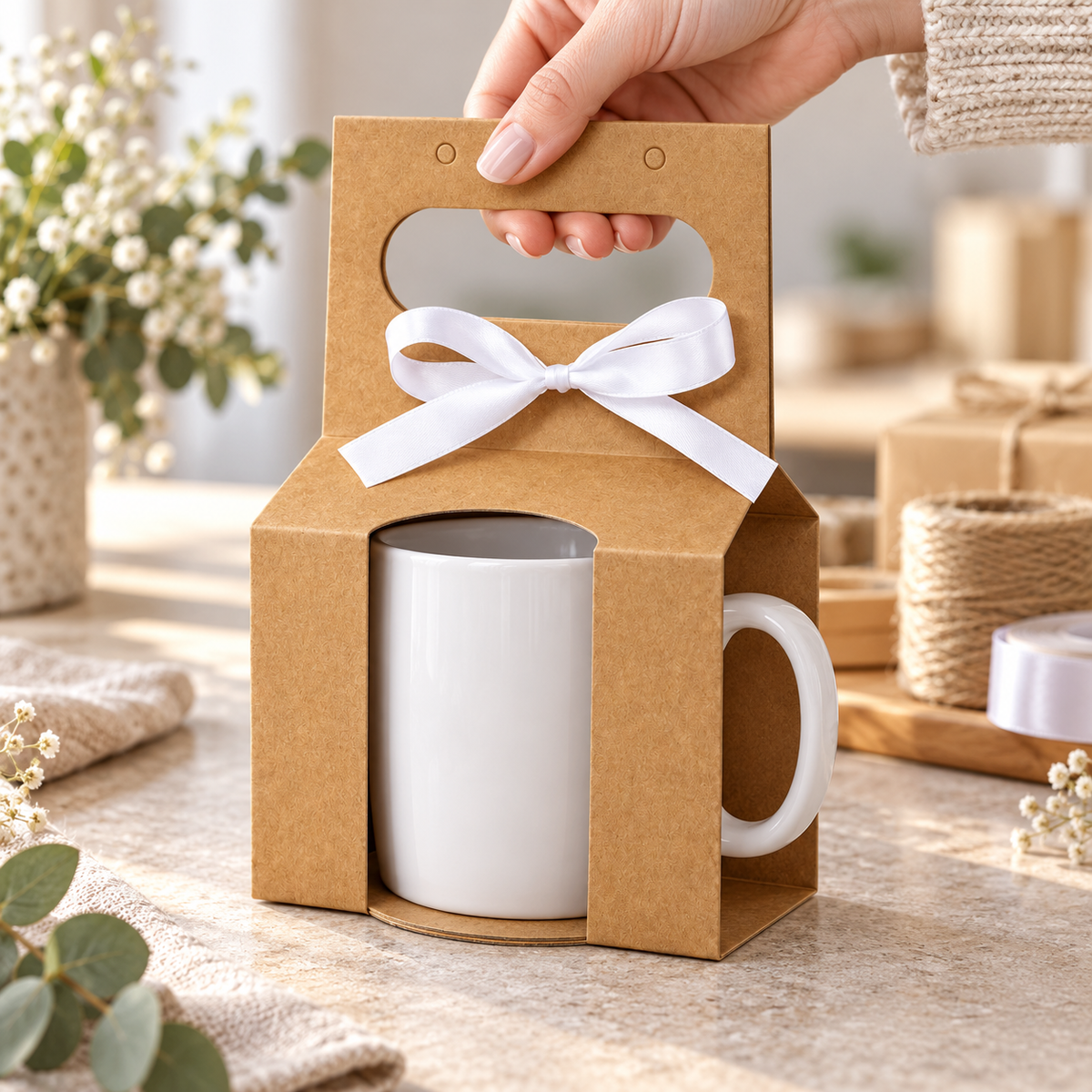 Cutii pentru cană cu deschizătură pentru toartă, mâner și fundă - kraft (set 10 buc), exemplu de utilizare - CraftUp