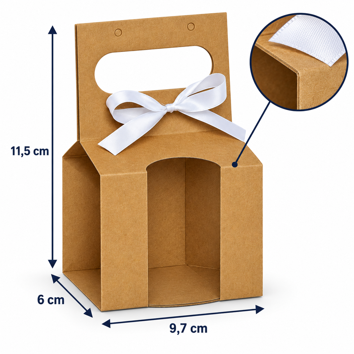 Cutii pentru cană cu deschizătură pentru toartă, mâner și fundă - kraft (set 10 buc), dimensiuni - CraftUp