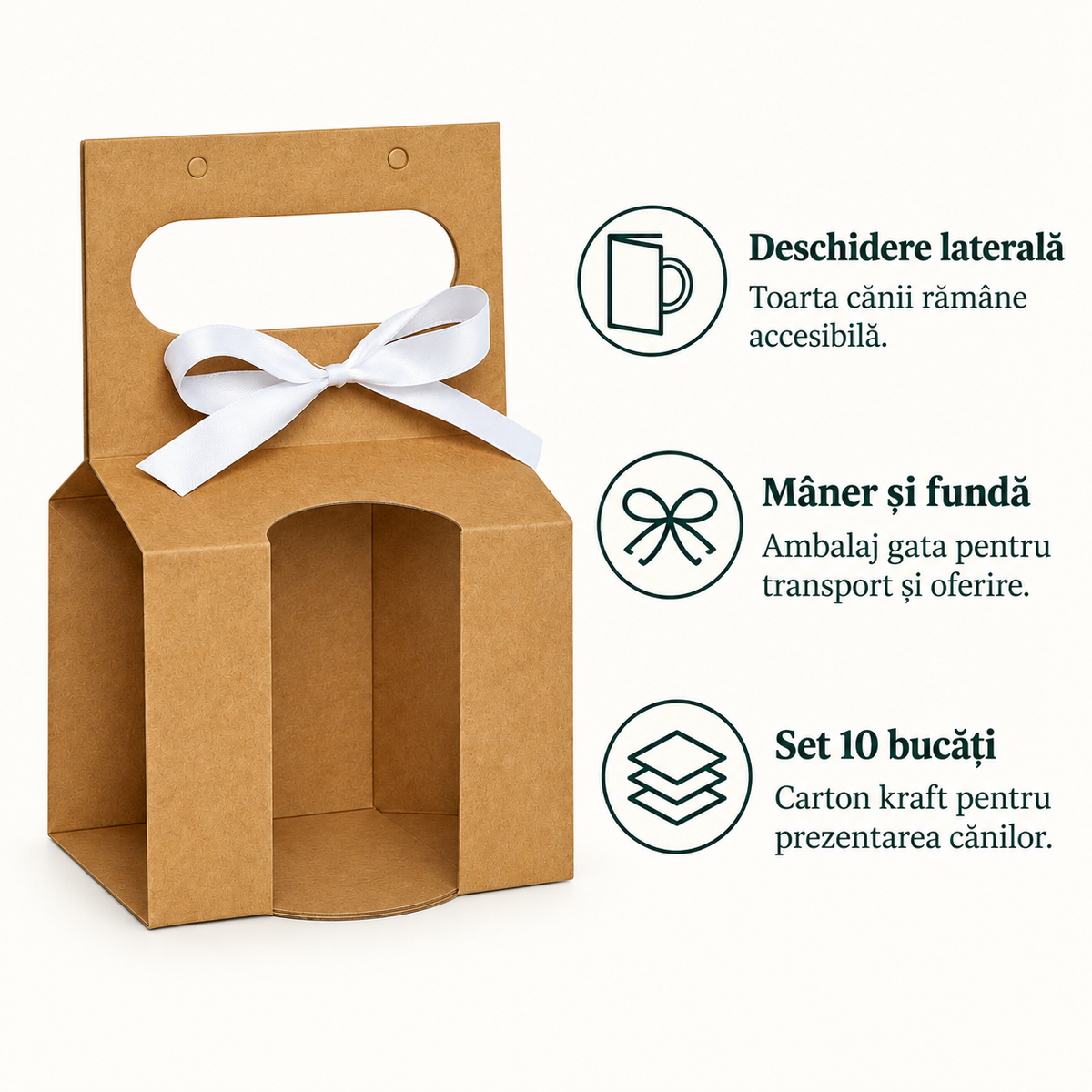 Cutii pentru cană cu deschizătură pentru toartă, mâner și fundă - kraft (set 10 buc), avantaje - CraftUp