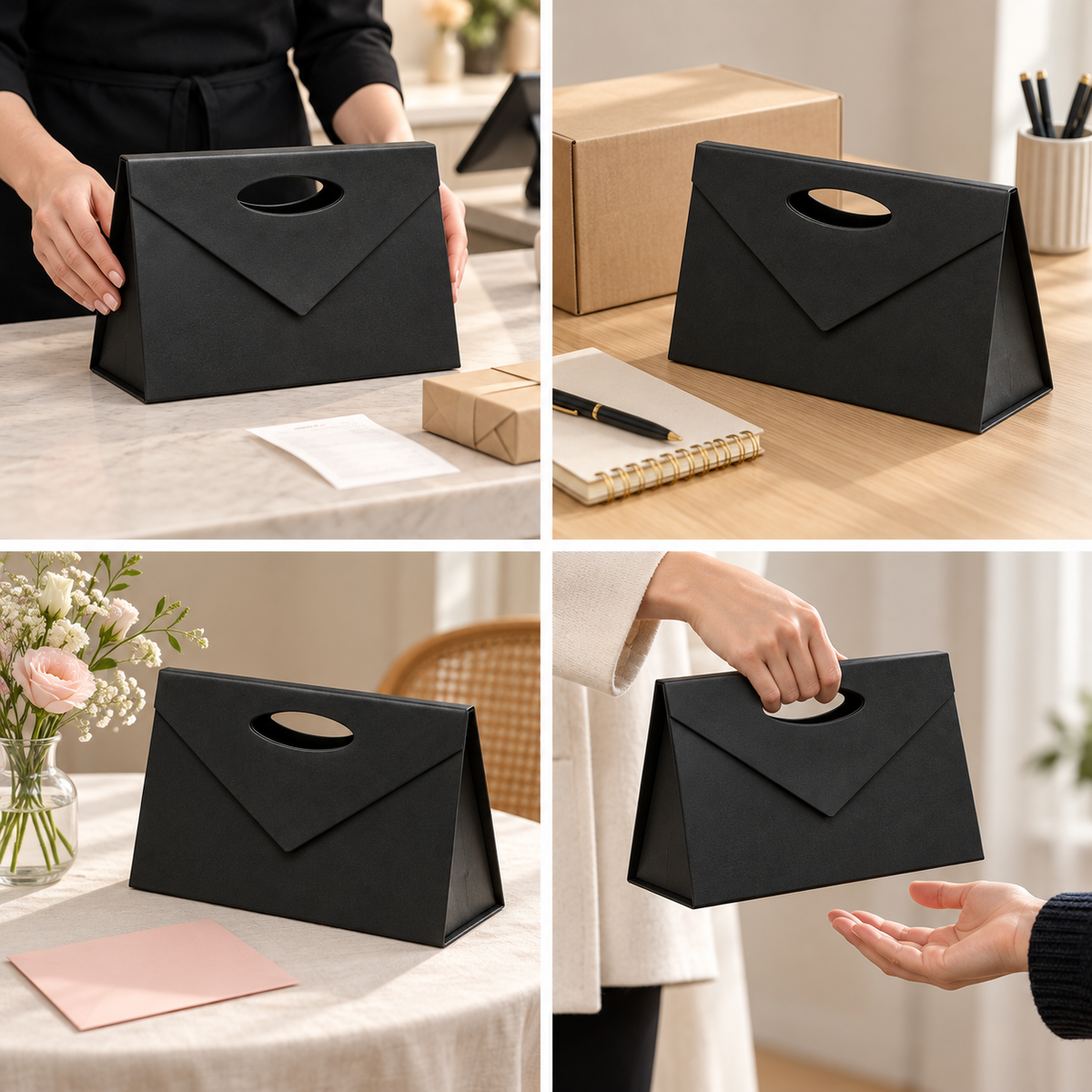 Gentuță cadou din carton tare cu închidere magnetică și mâner decupat - negru, detalii - CraftUp