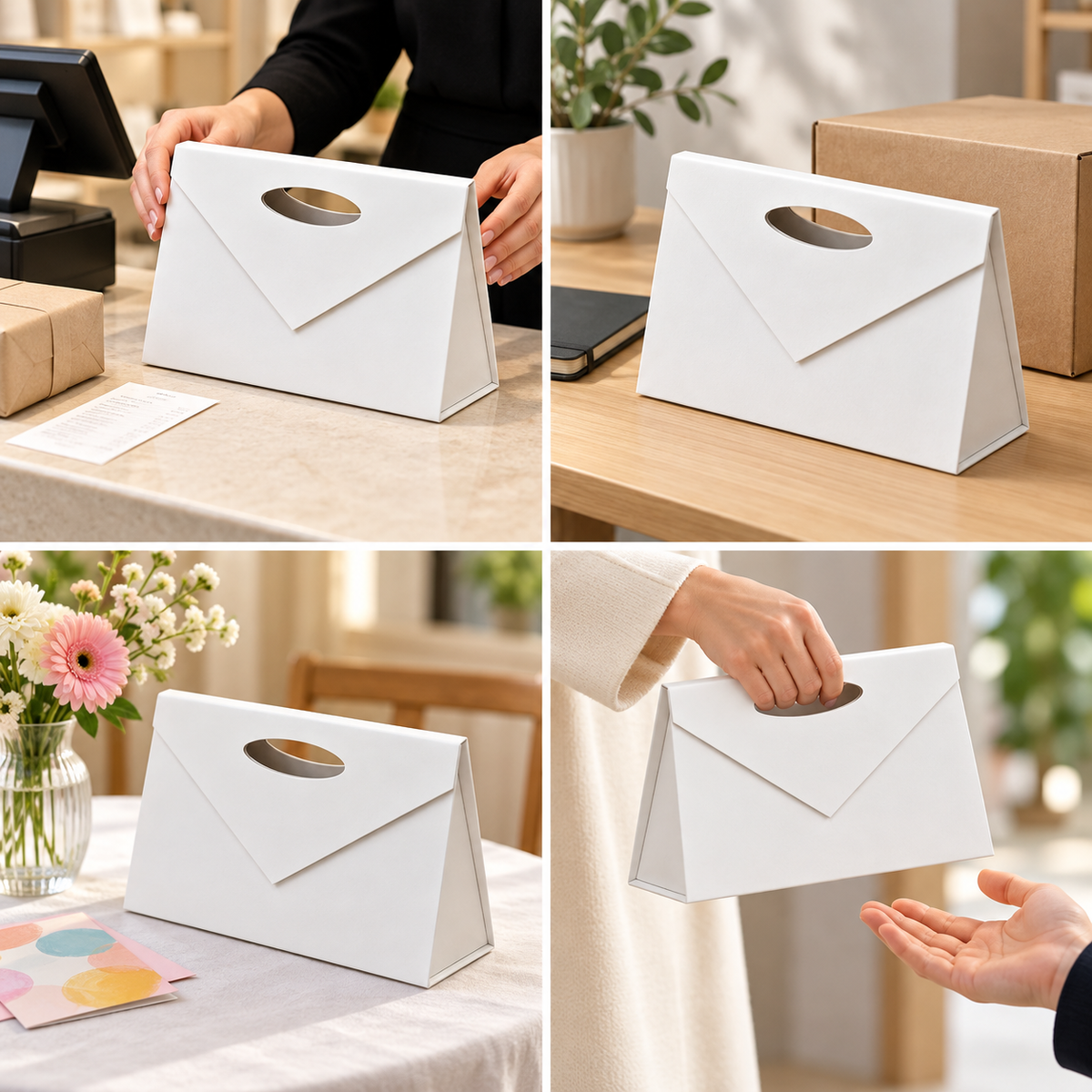 Gentuță cadou din carton tare cu închidere magnetică și mâner decupat - alb, detalii - CraftUp
