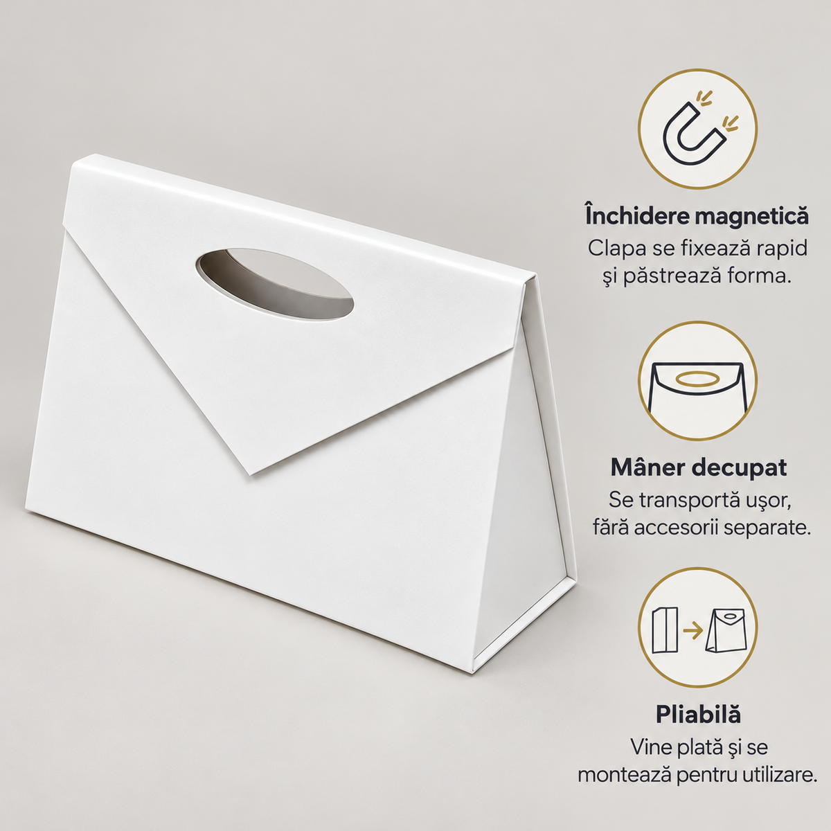 Gentuță cadou din carton tare cu închidere magnetică și mâner decupat - alb, avantaje - CraftUp