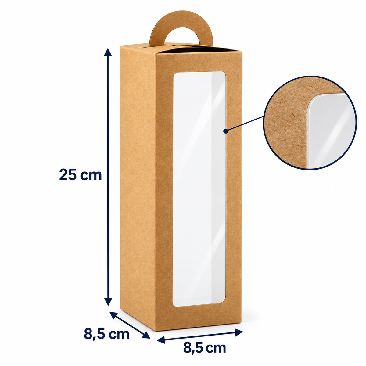 Cutii înalte cu fereastră și mâner, pentru pahare termos - kraft (set 24 buc), dimensiuni - CraftUp