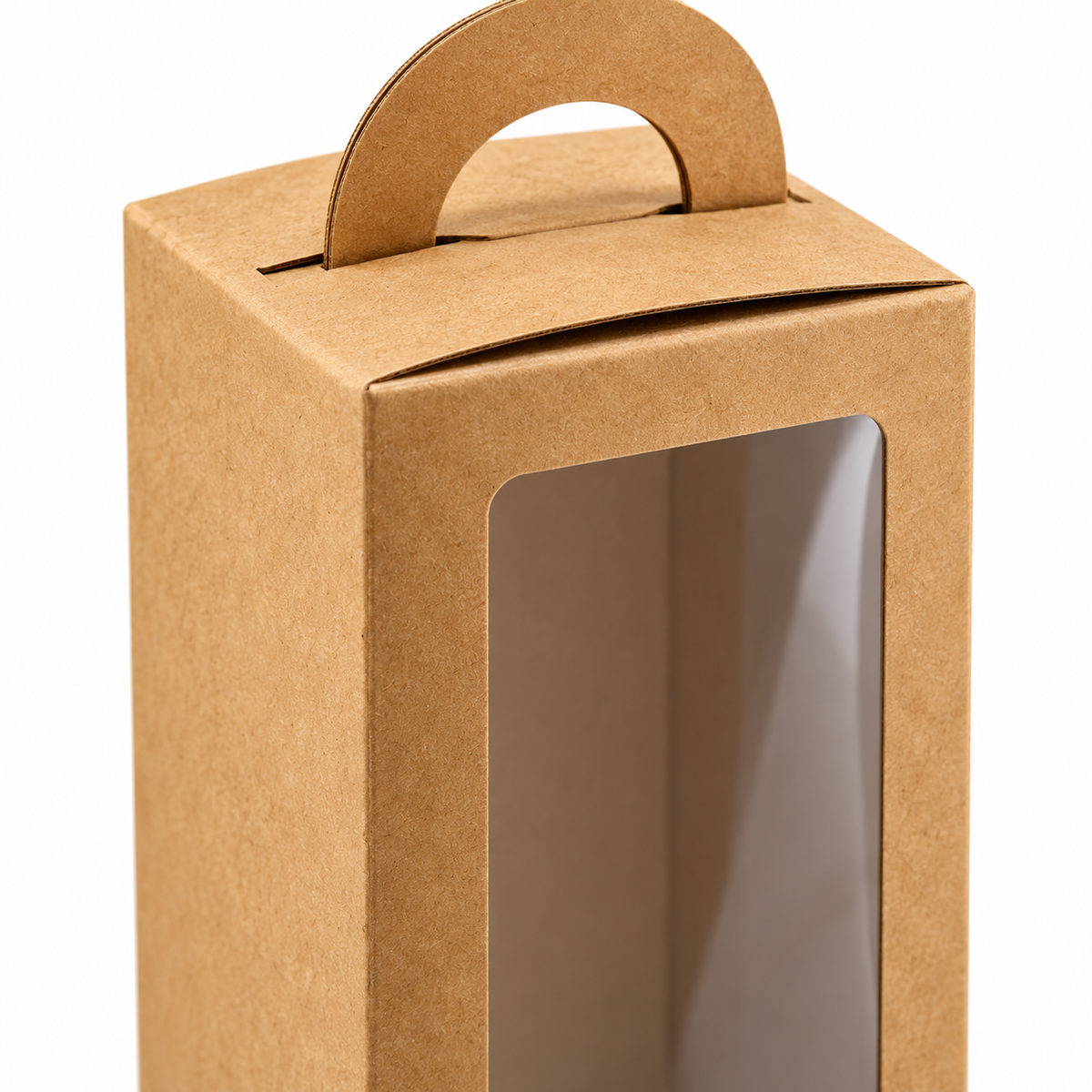 Cutii înalte cu fereastră și mâner, pentru pahare termos - kraft (set 24 buc), detaliu de aproape - CraftUp