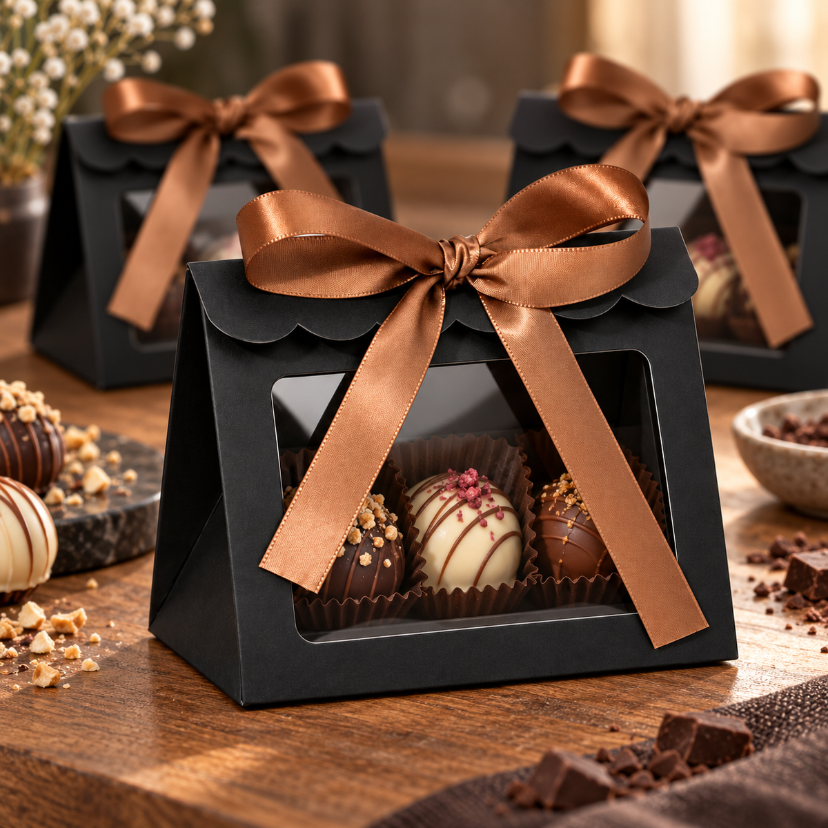 Cutii trapez cu fereastră mare și fundă din satin - negru (set 25 buc), exemplu de utilizare - CraftUp