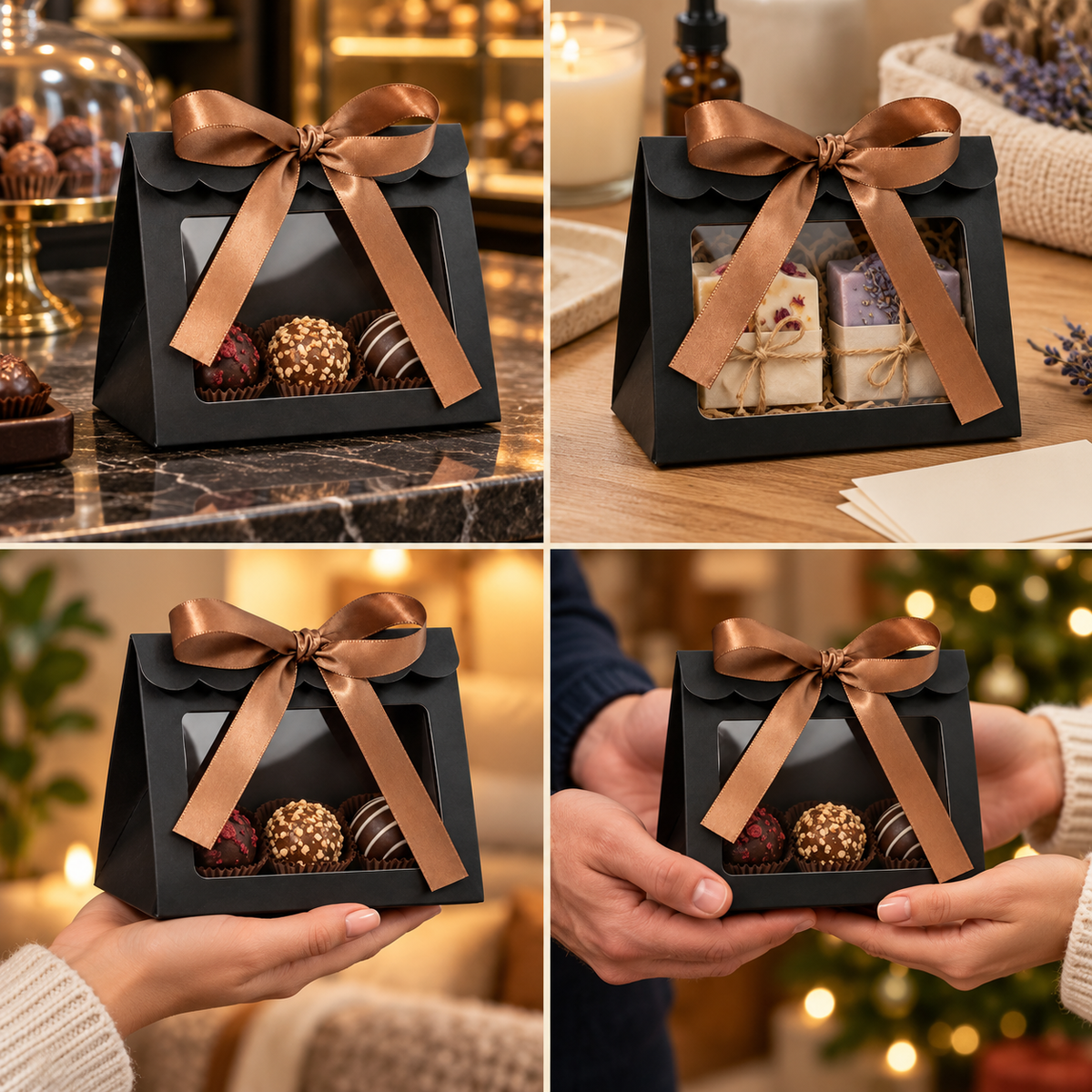 Cutii trapez cu fereastră mare și fundă din satin - negru (set 25 buc), detalii - CraftUp