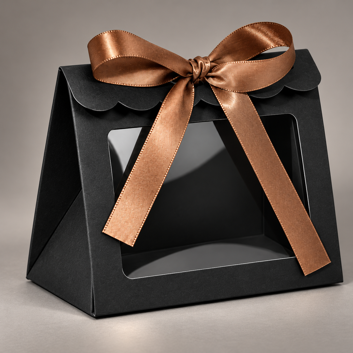 Cutii trapez cu fereastră mare și fundă din satin - negru (set 25 buc), detaliu de aproape - CraftUp