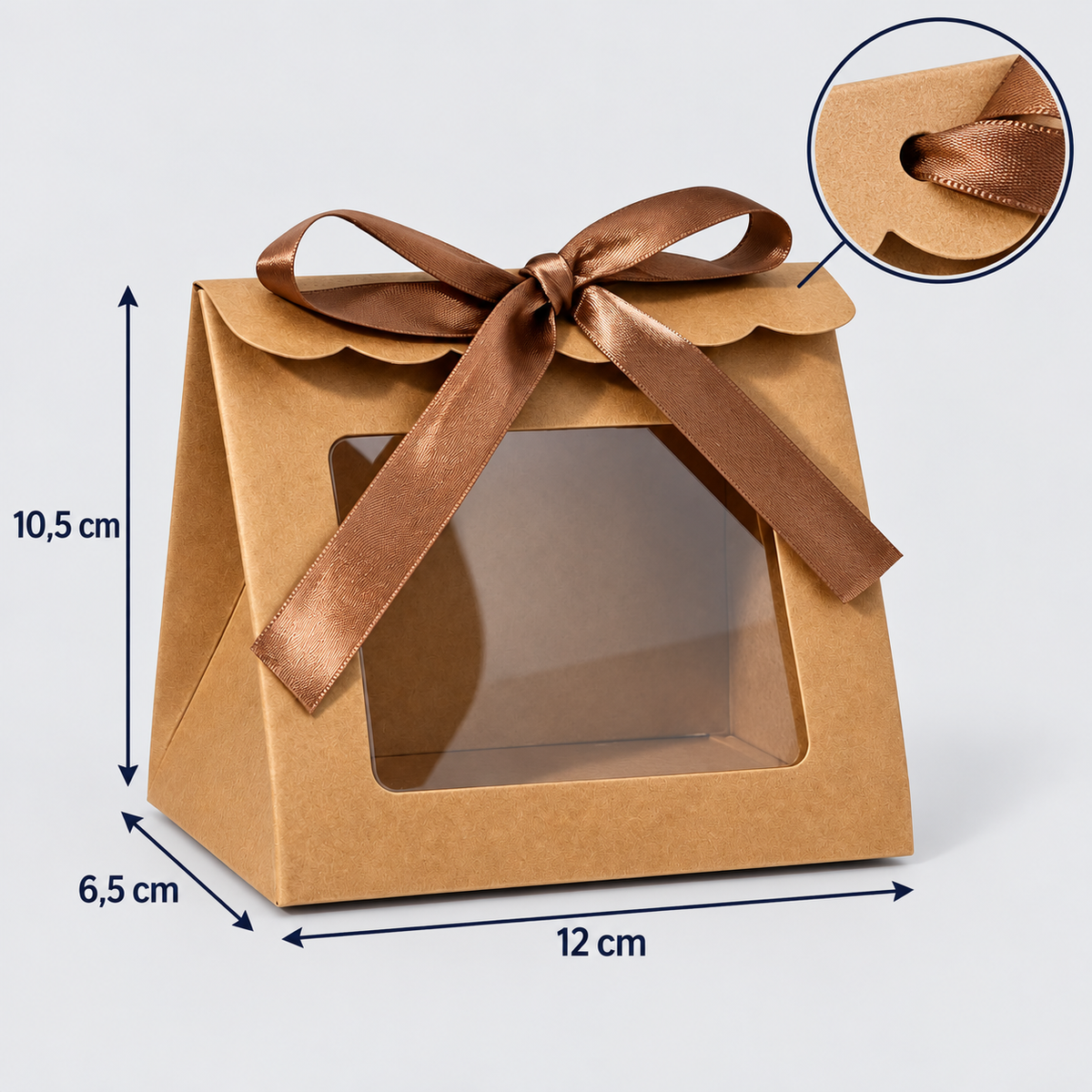 Cutii trapez cu fereastră mare și fundă din satin - kraft (set 25 buc), dimensiuni - CraftUp
