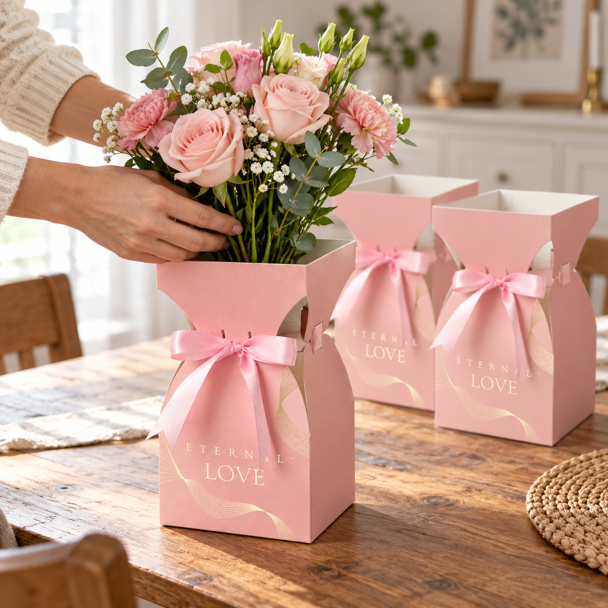 Cutii tip vază pentru buchete de flori, cu fundă - roz (set 10 buc), exemplu de utilizare - CraftUp