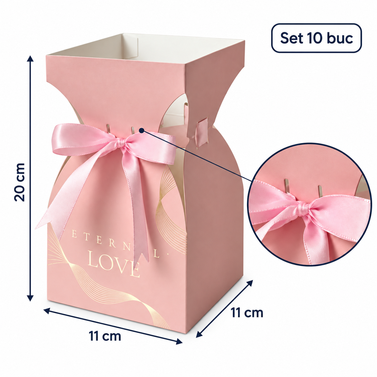 Cutii tip vază pentru buchete de flori, cu fundă - roz (set 10 buc), dimensiuni - CraftUp