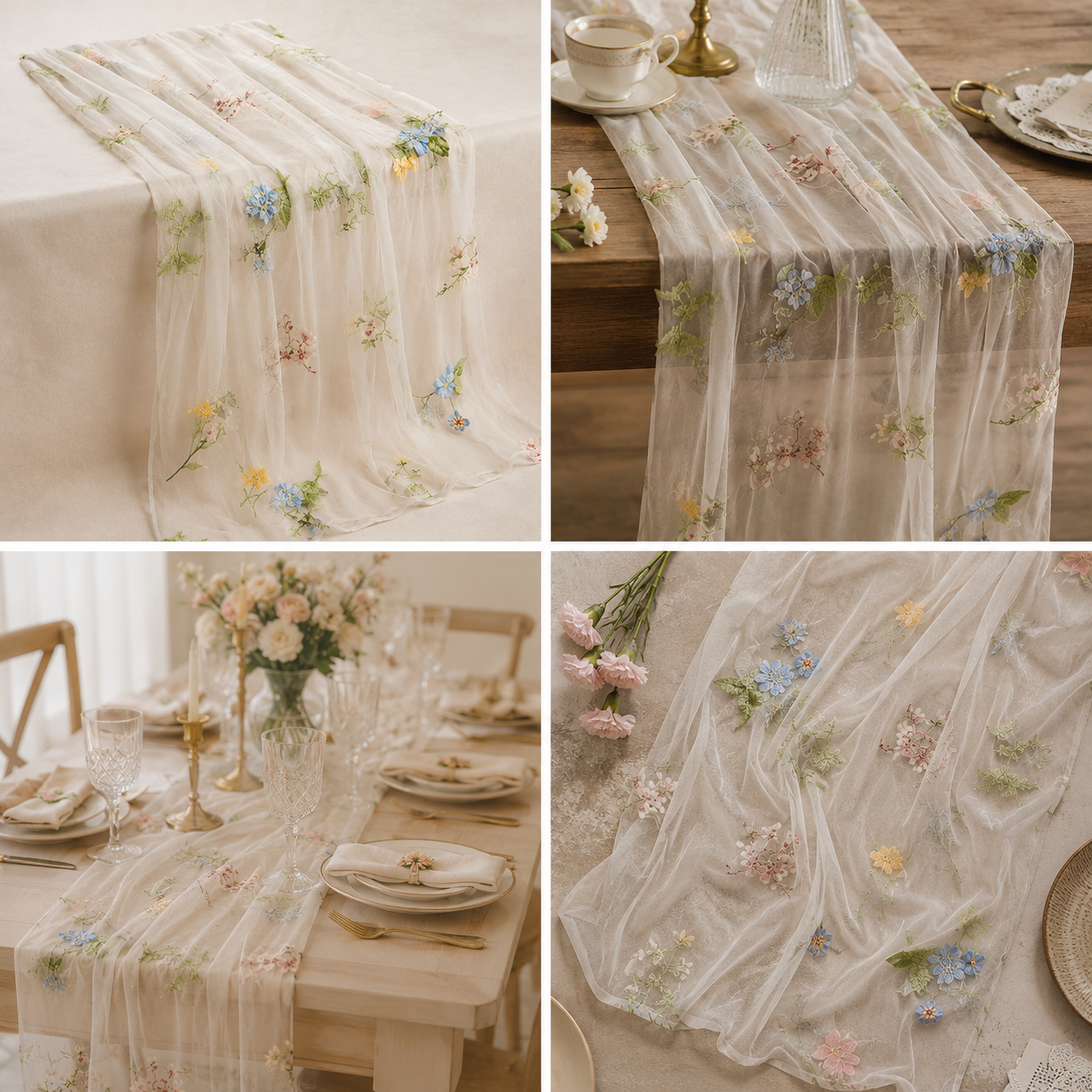 Runner masă tul cu flori brodate - beige