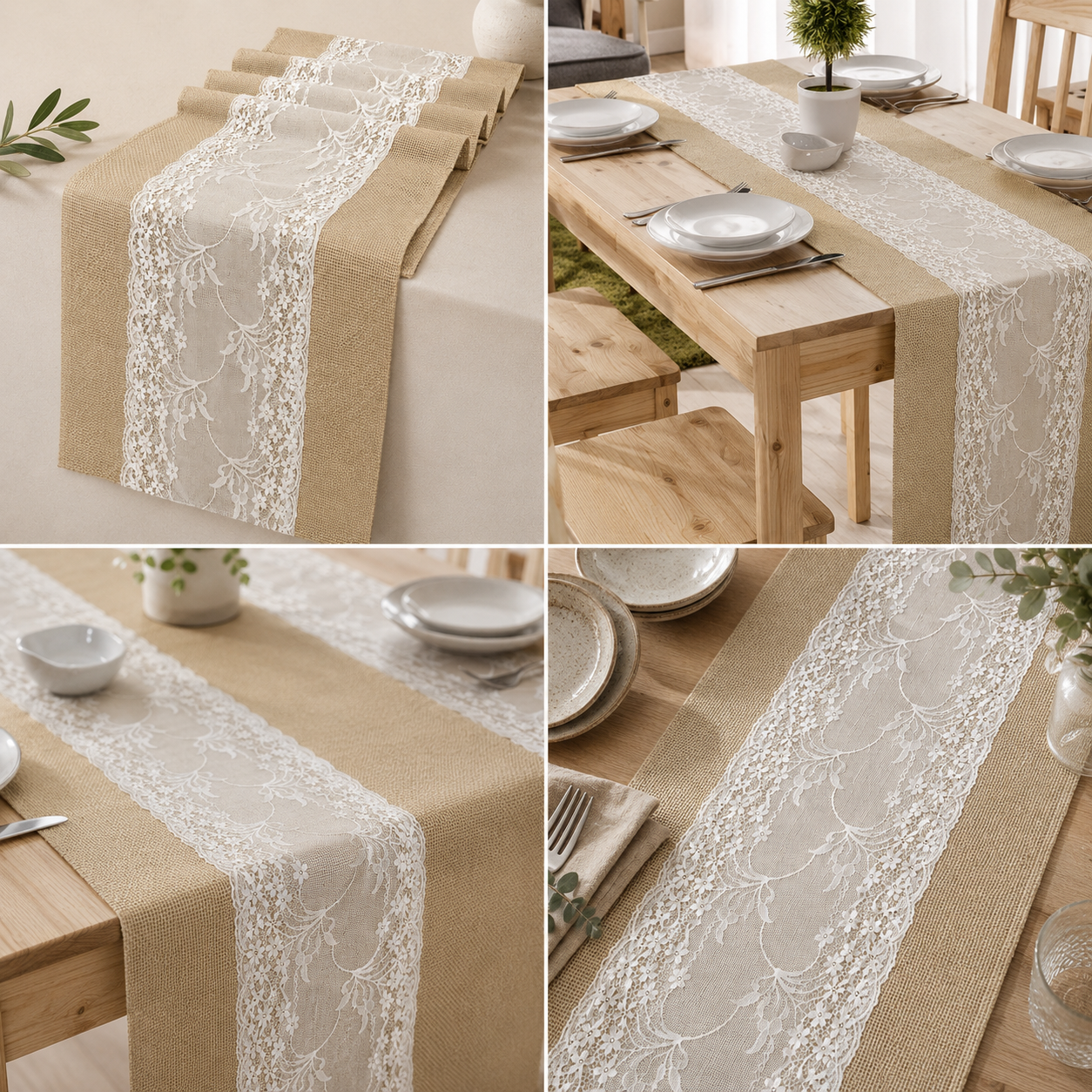 Runner masă din in cu dantelă - beige
