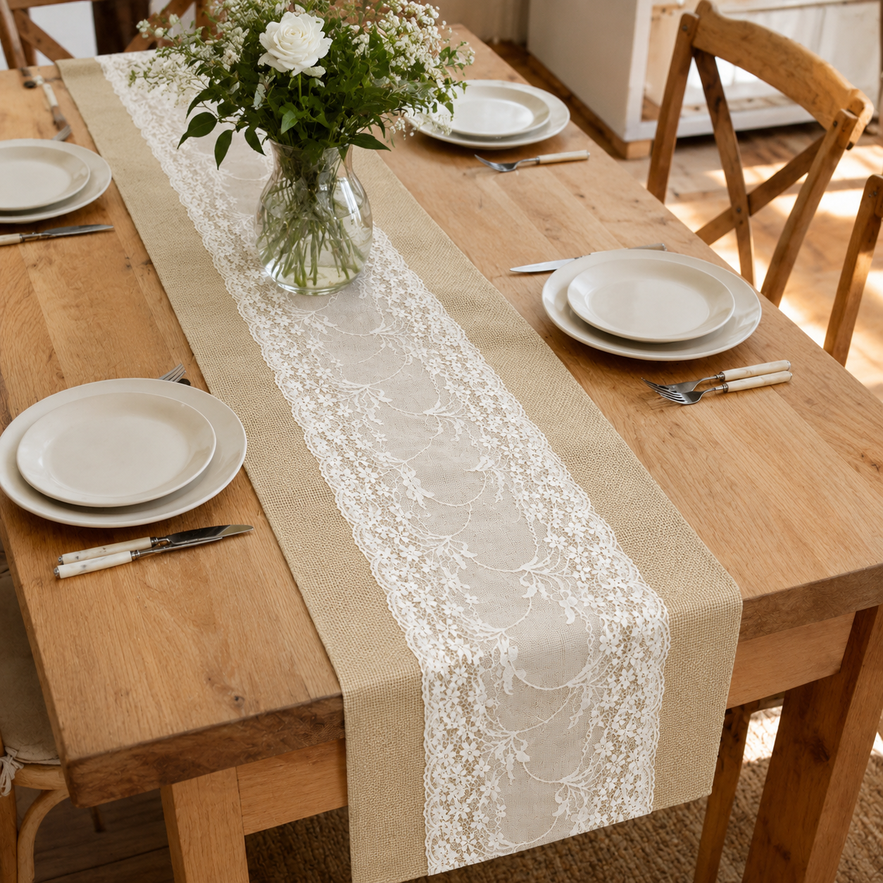 Runner masă din in cu dantelă - beige