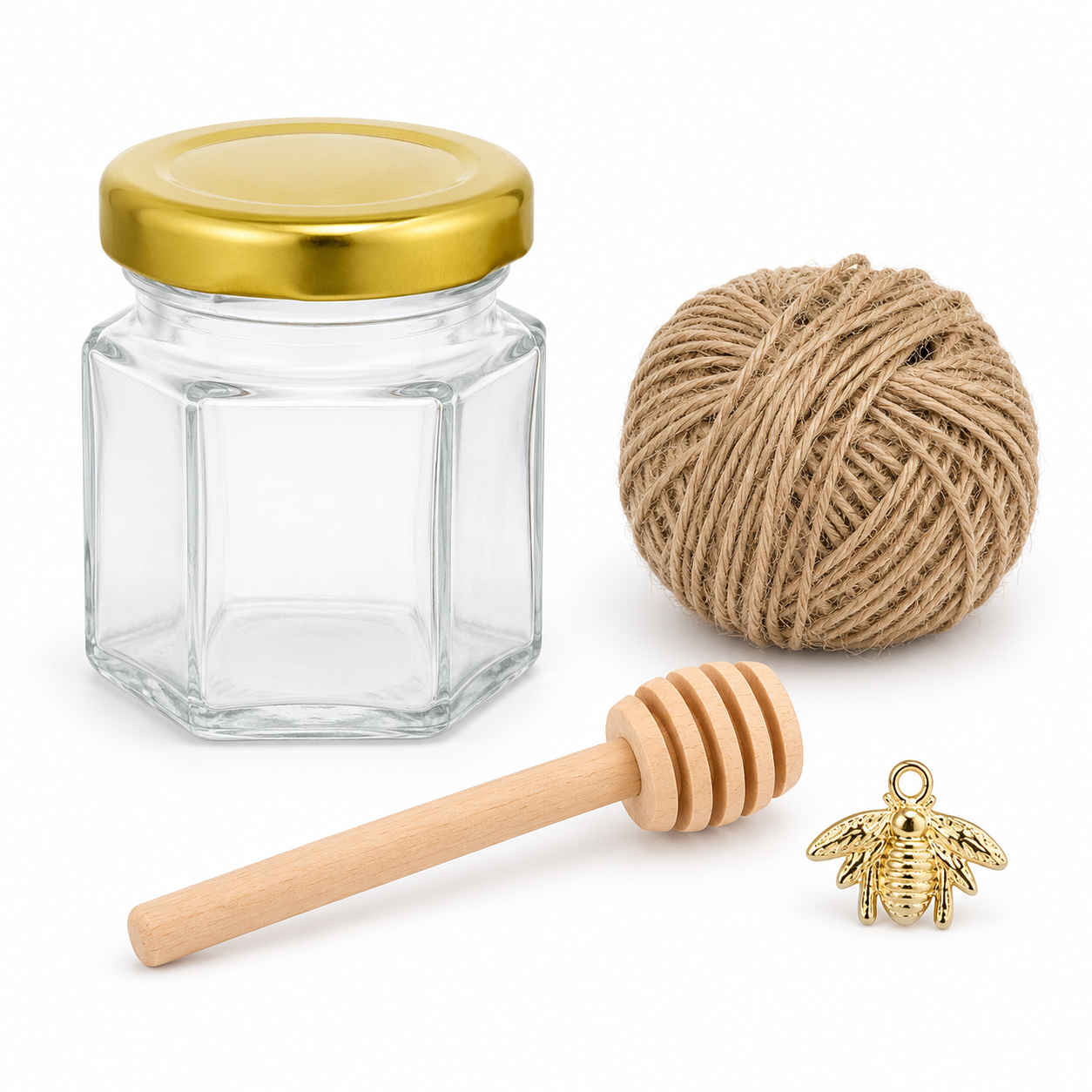 Set borcan hexagonal pentru miere cu lingură și pandantiv (cutie 30 de seturi)