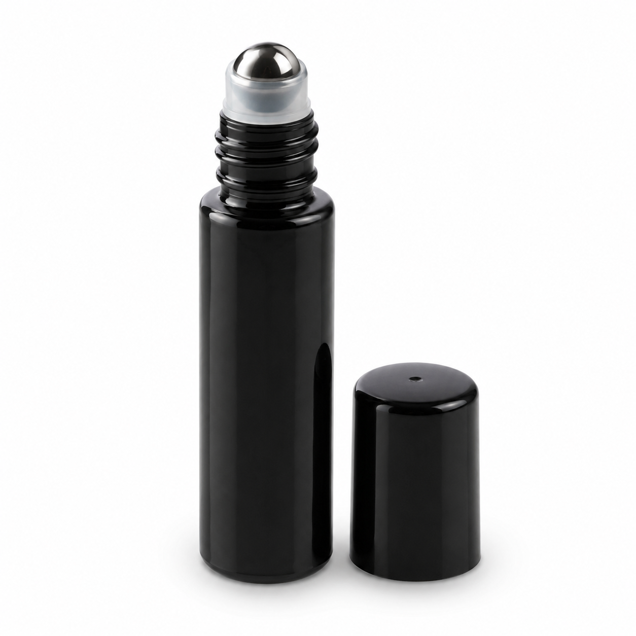 Sticluță neagră reutilizabilă cu roll-on metalic și capac negru 10ml