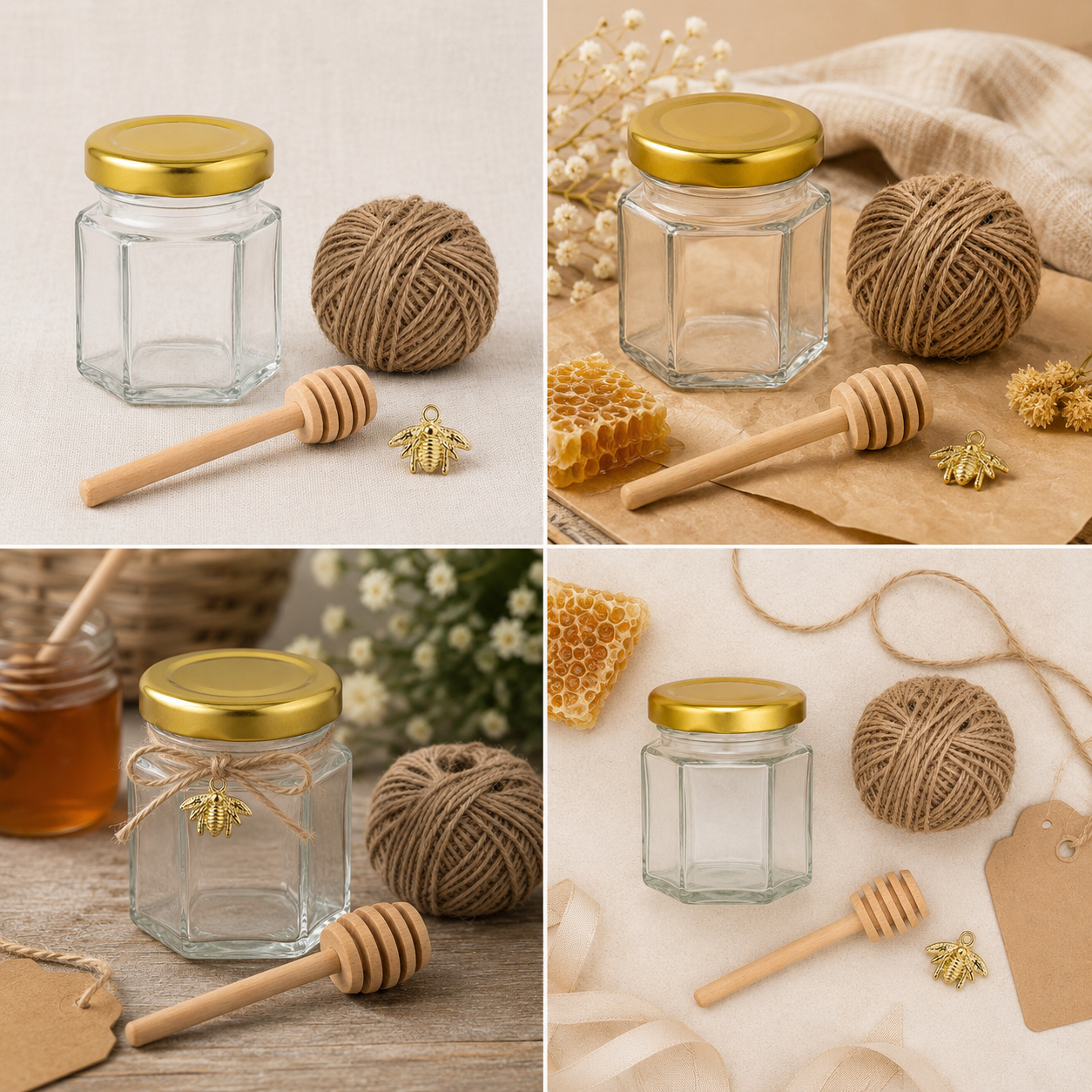 Set borcan hexagonal pentru miere cu lingură și pandantiv (cutie 30 de seturi)