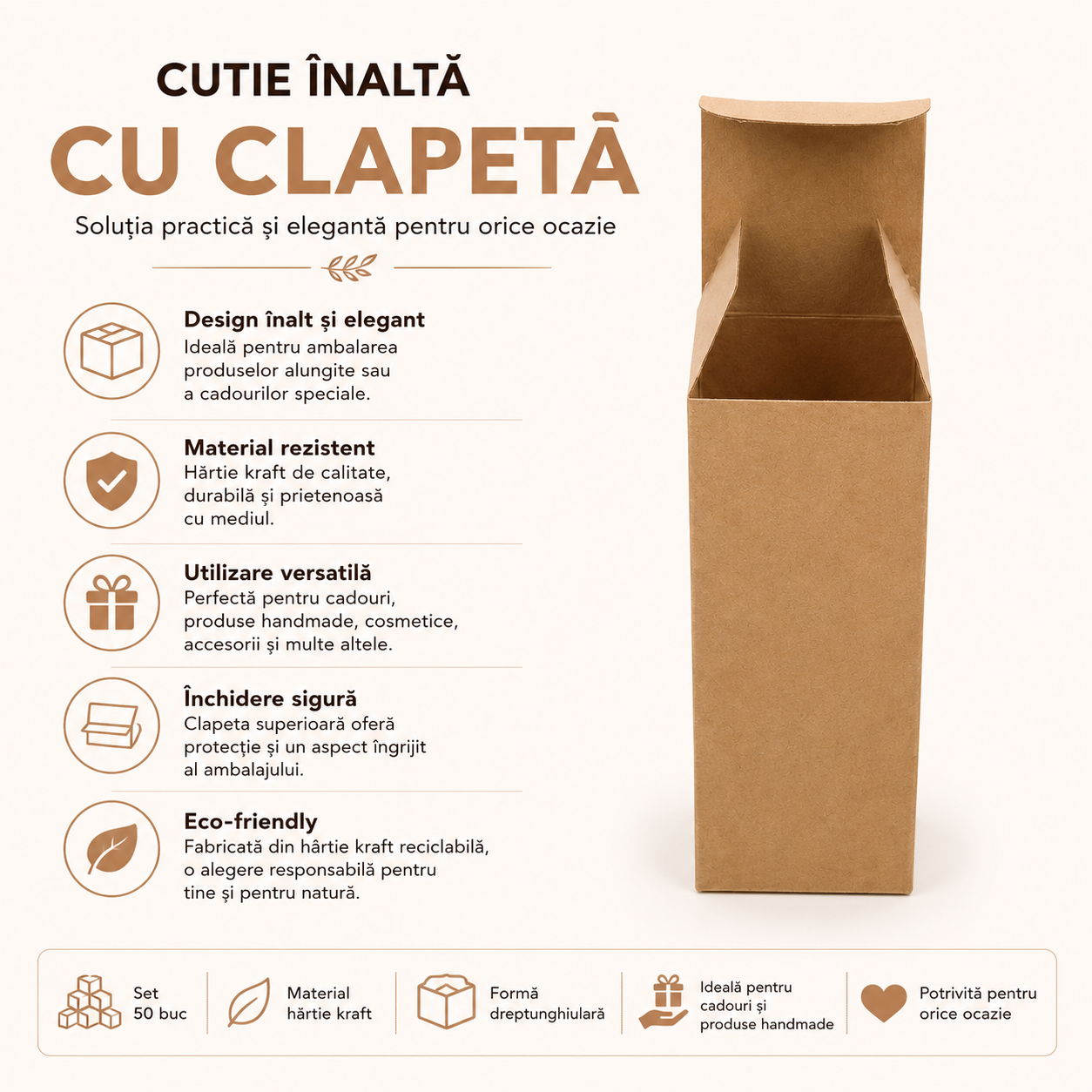 Cutii înalte cu clapetă - kraft (set 50 buc)