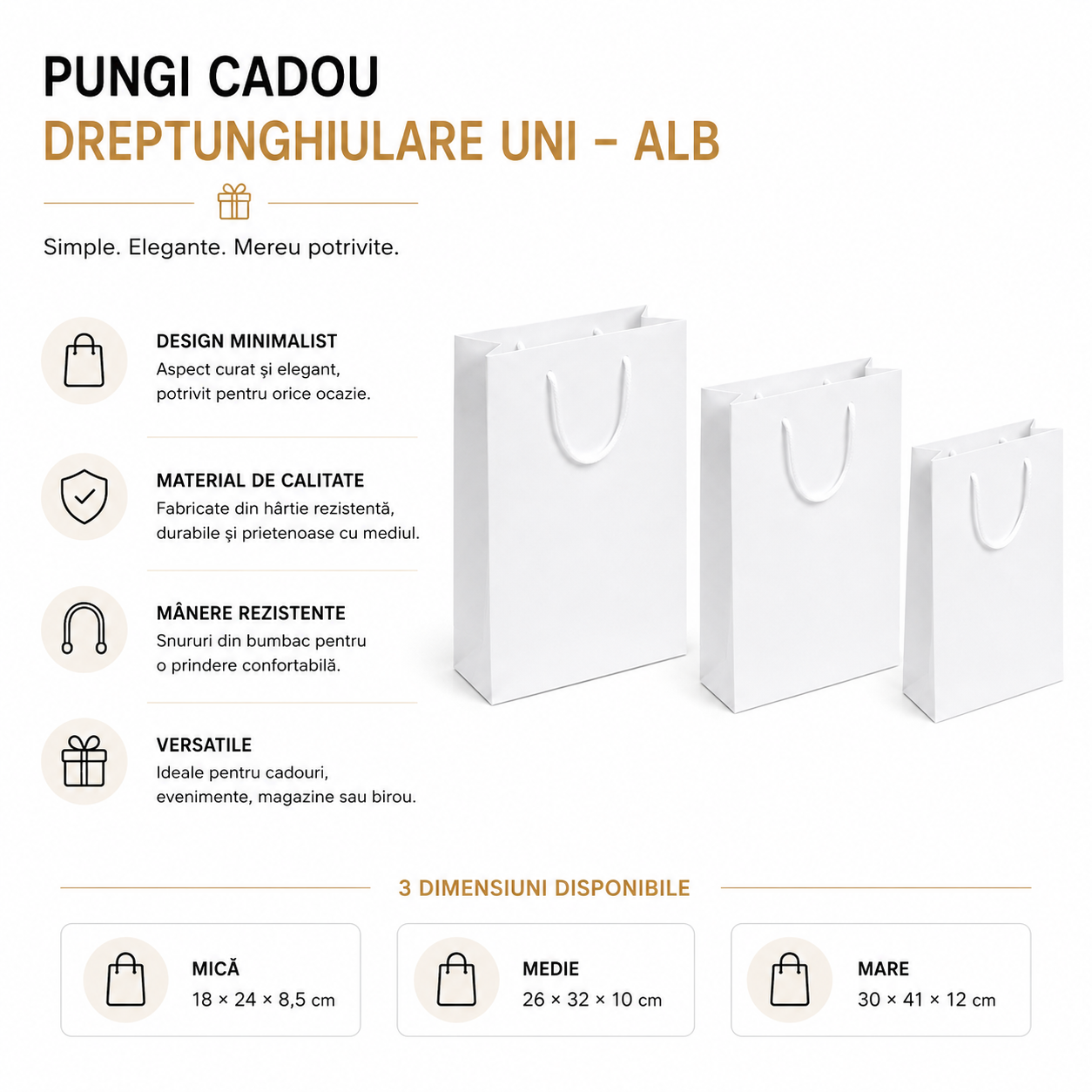 Pungi cadou dreptunghiulare uni - alb (set 12 buc)