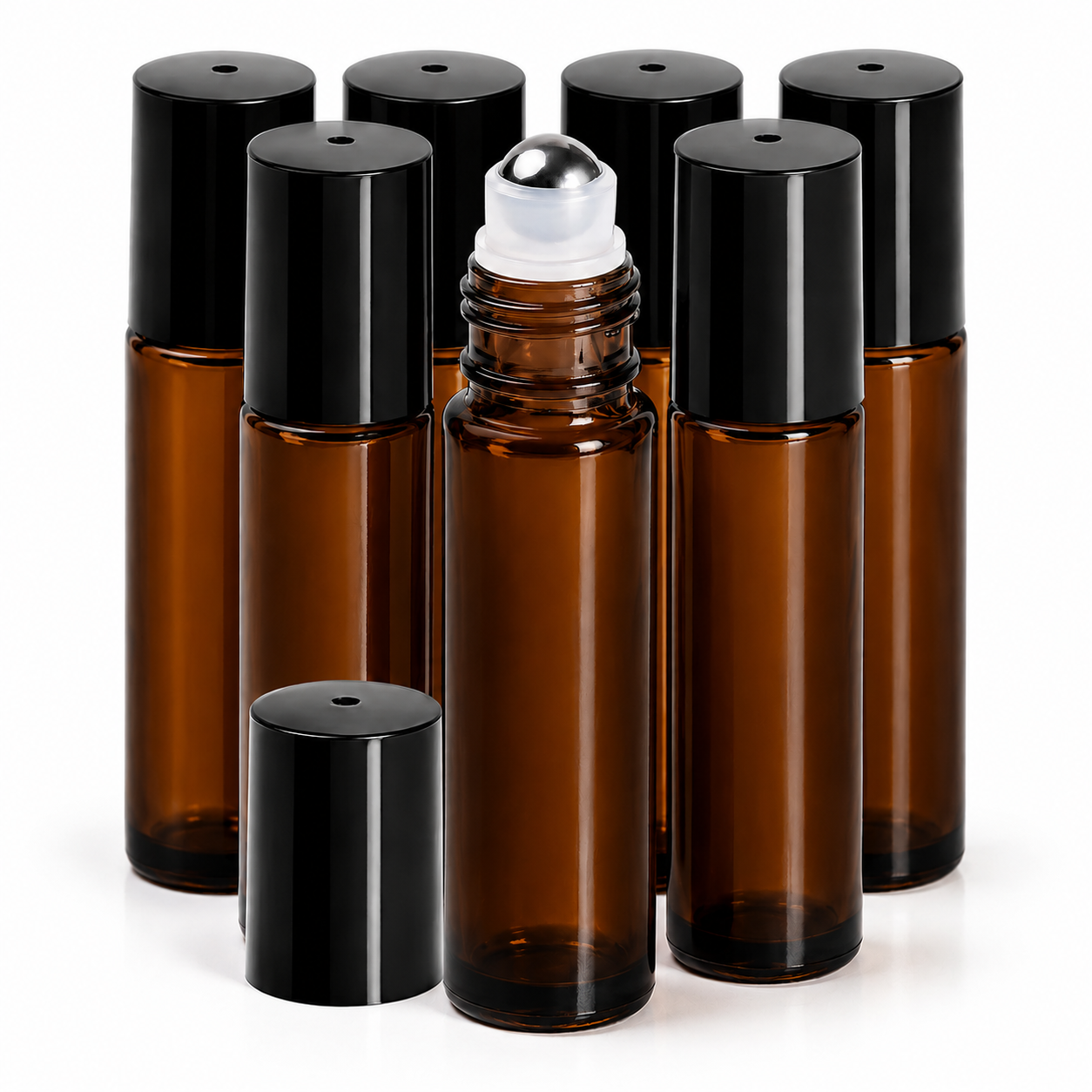 Sticluță ambră reutilizabilă cu roll on metalic și capac negru 10ml