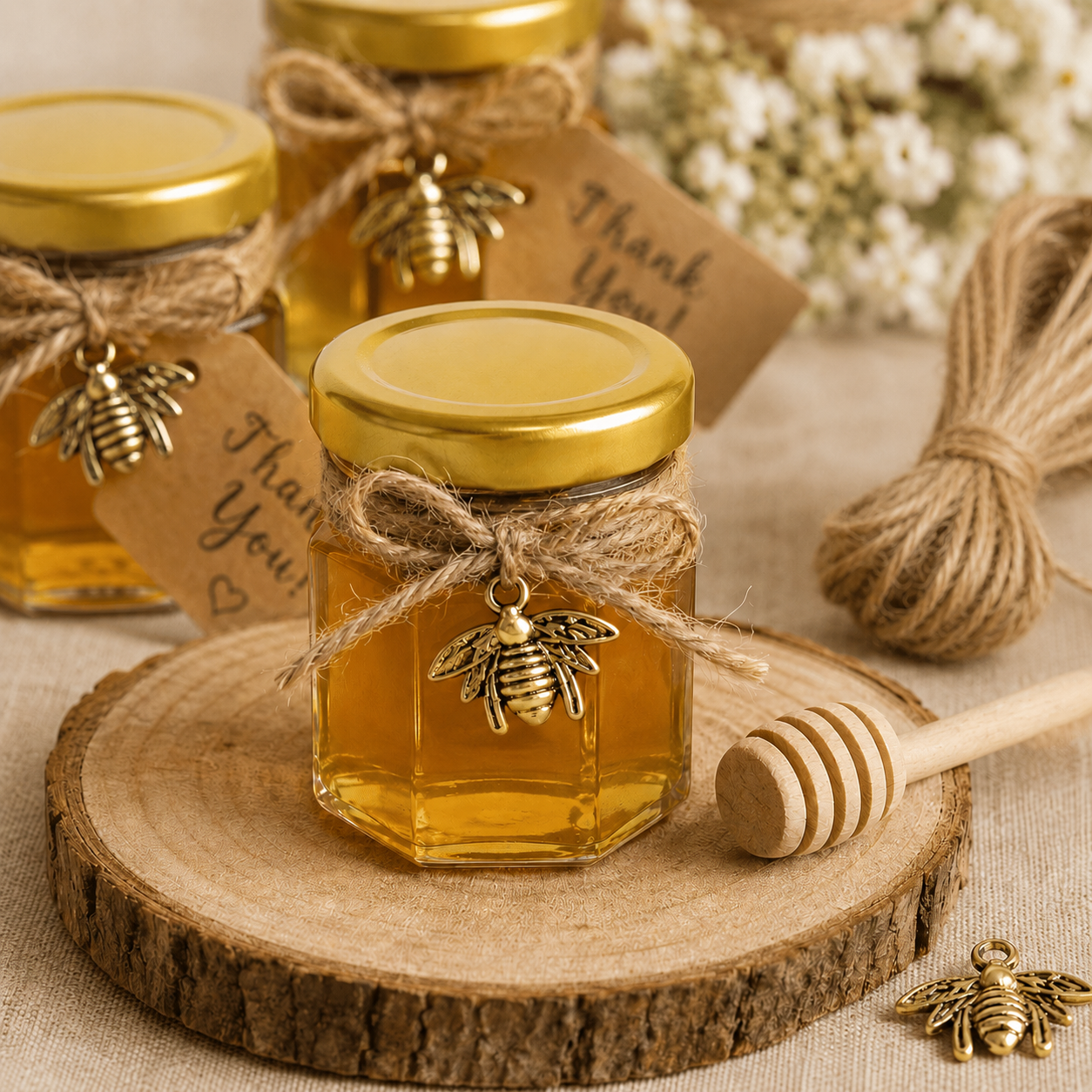 Set borcan hexagonal pentru miere cu lingură și pandantiv (cutie 30 de seturi)