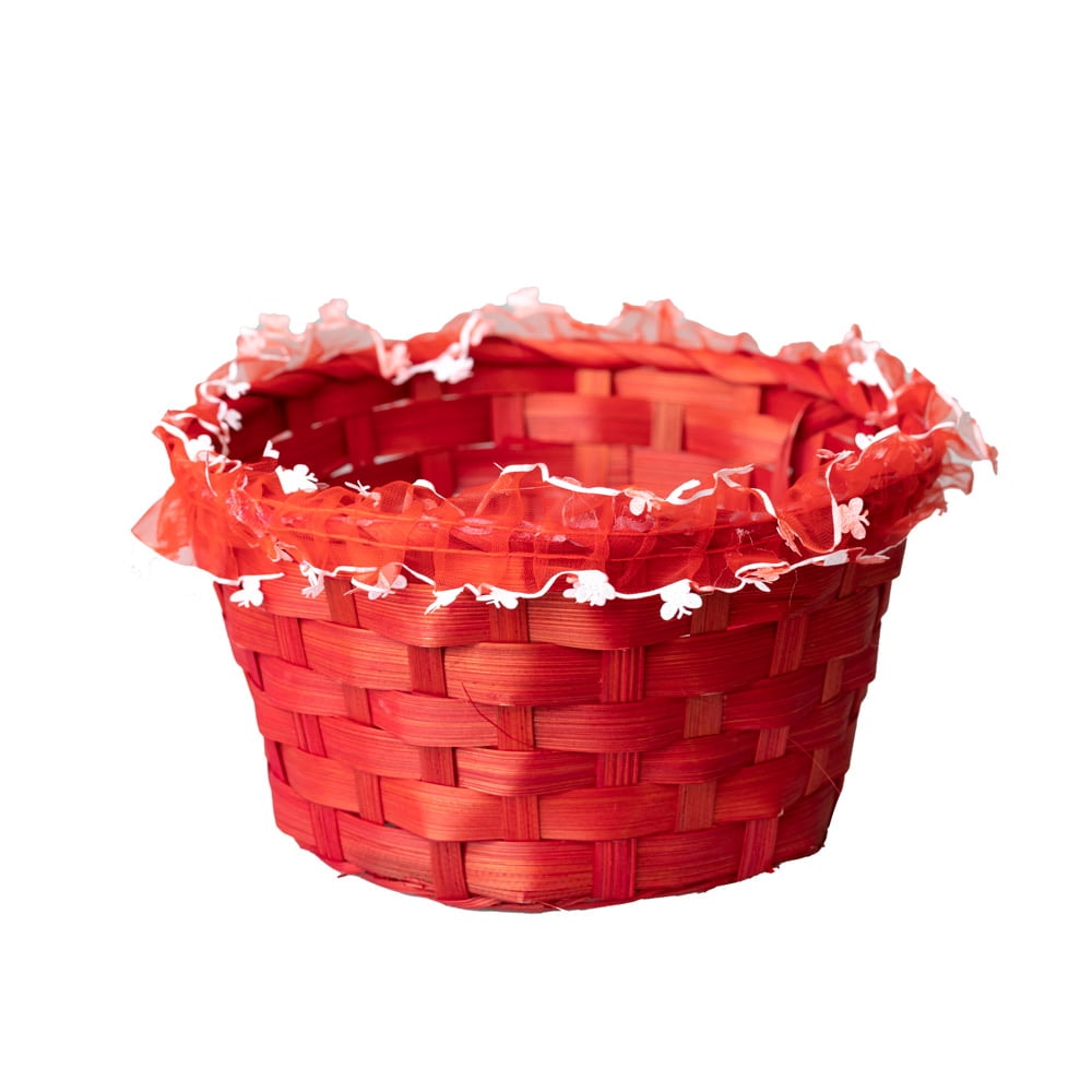 Coșuleț mediu ratan rotund cu mâner și dantelă 18x10cm - roșu 2 - craftup.ro