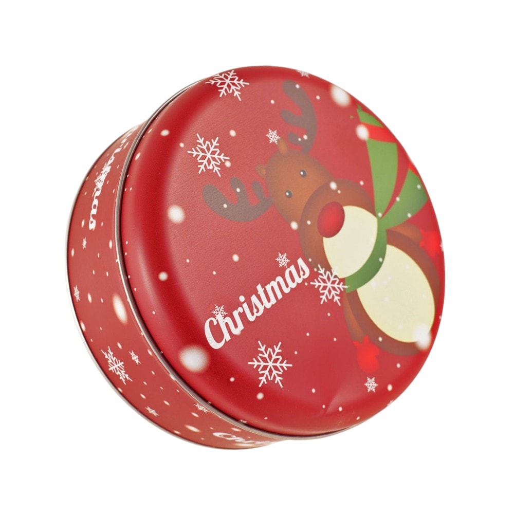 Cutie metalică rotundă roșie cu model ren de Crăciun 1 - craftup.ro