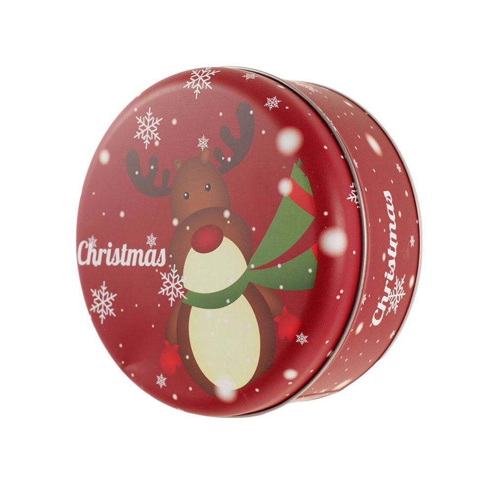 Cutie metalică rotundă roșie cu model ren de Crăciun 4 - craftup.ro