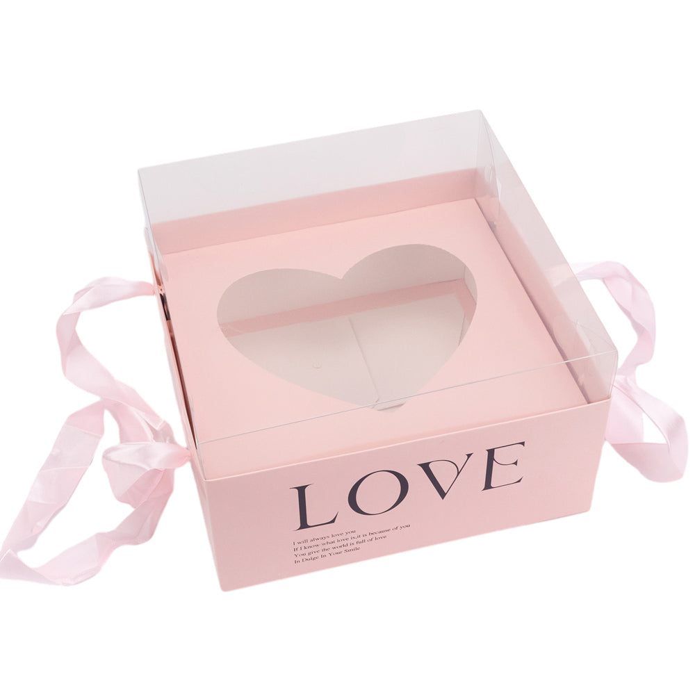Cutie pătrată cu ferestră inimă capac transparent și mâner - roz (set 2 buc) 23x23x15cm 1 - craftup.ro