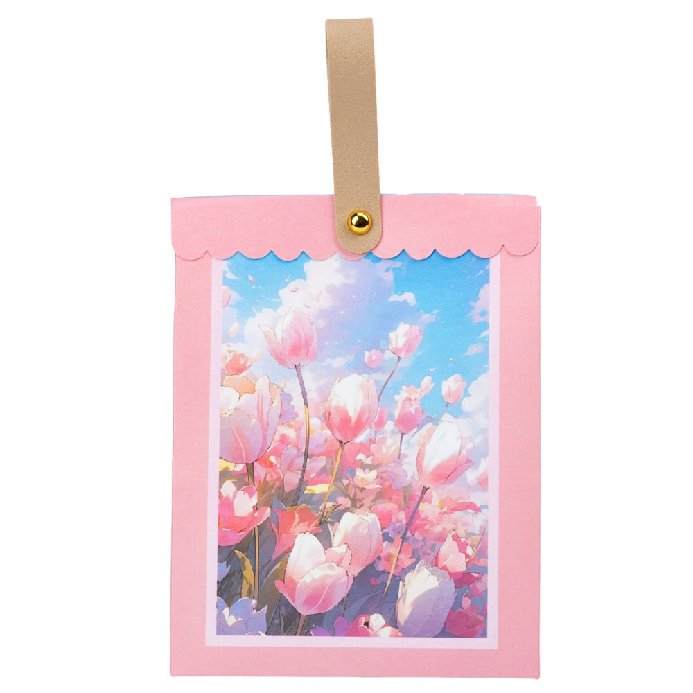 Cutie dreptunghiulară din hârtie model floral și mâner din piele - roz (set 50 buc) - 12x7.5x15.5cm