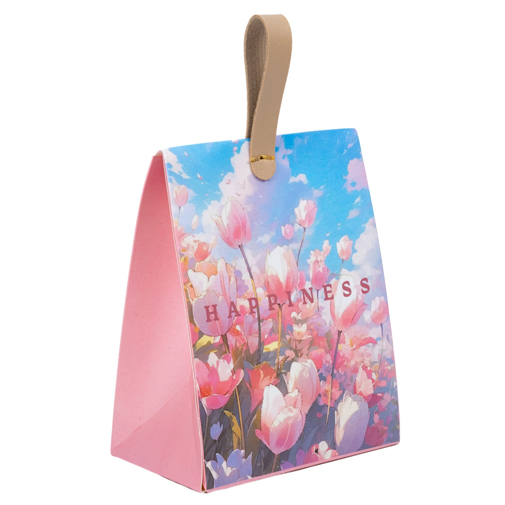Cutie dreptunghiulară din hârtie model floral și mâner din piele - roz (set 50 buc) - 12x7.5x15.5cm 3