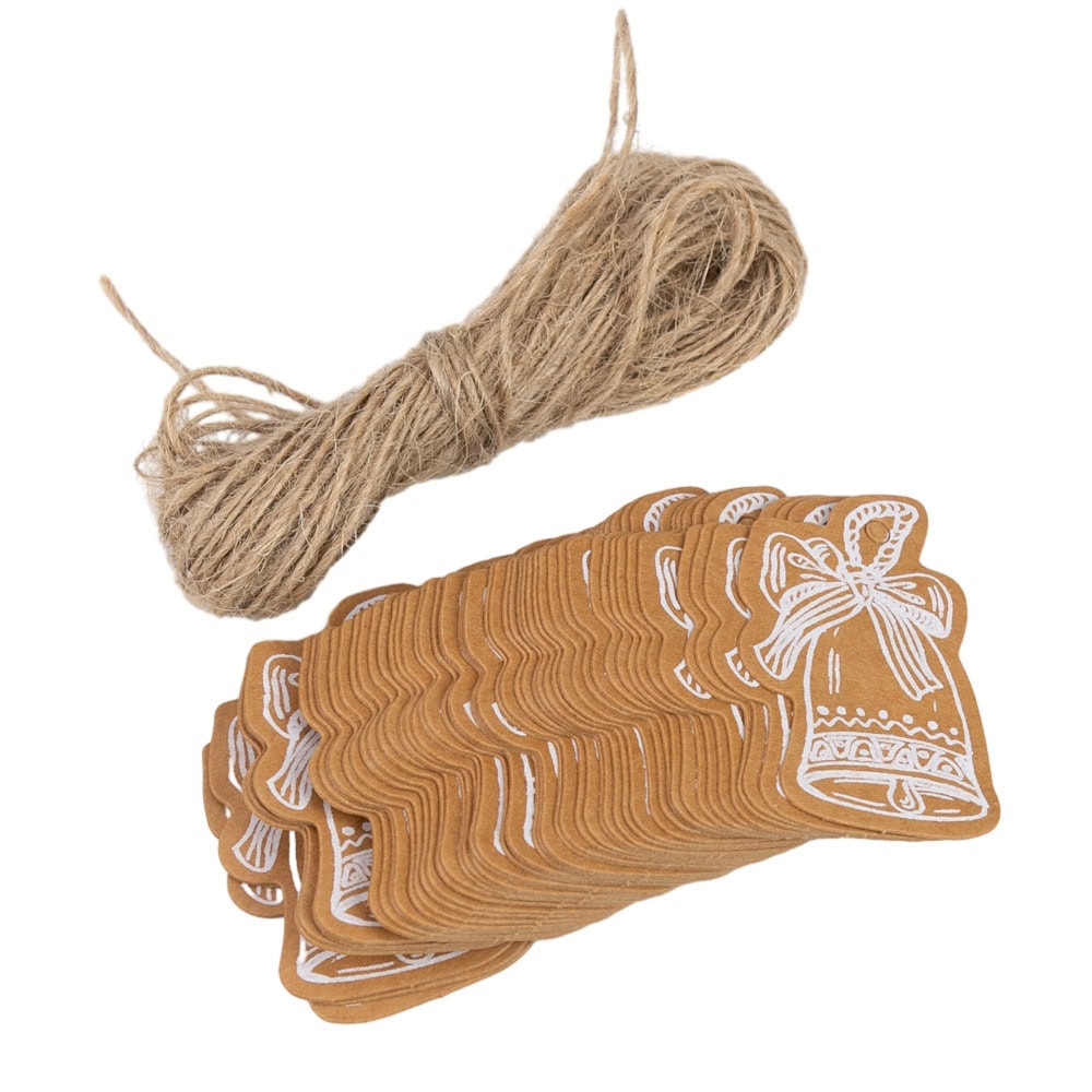 Etichete formă clopoțel de Crăciun cu sfoară - kraft 1 - craftup.ro