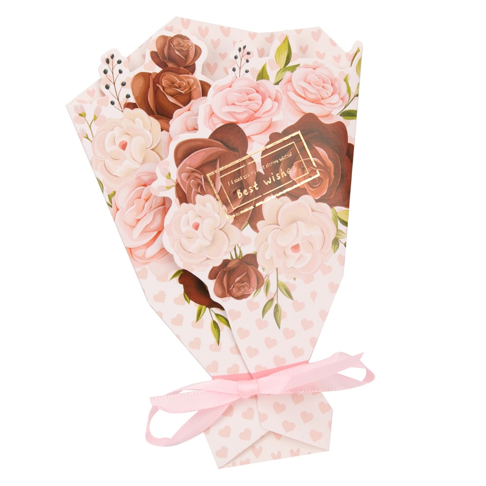 Felicitare hârtie cu panglică model buchet de flori - roz 1 - craftup.ro