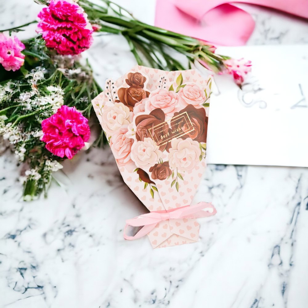 Felicitare hârtie cu panglică model buchet de flori - roz (set 10 buc)