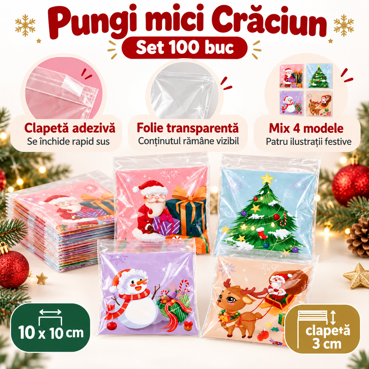 Pungi de Crăciun cu ilustrații și clapetă adezivă, beneficii