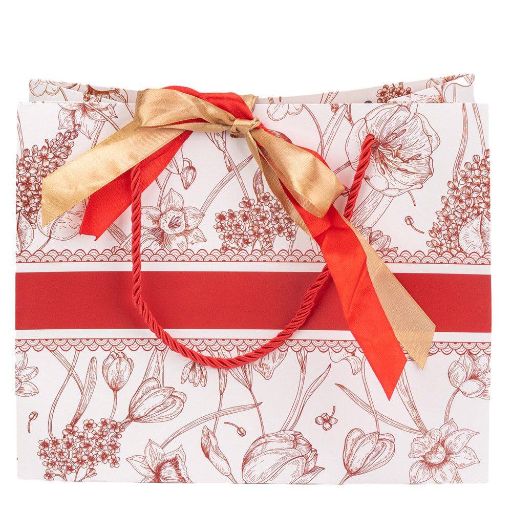 Pungă model floral cu 2 panglici colorate și mâner din sfoară - roșu (set 10 buc) 25x12x20cm 1 - craftup.ro