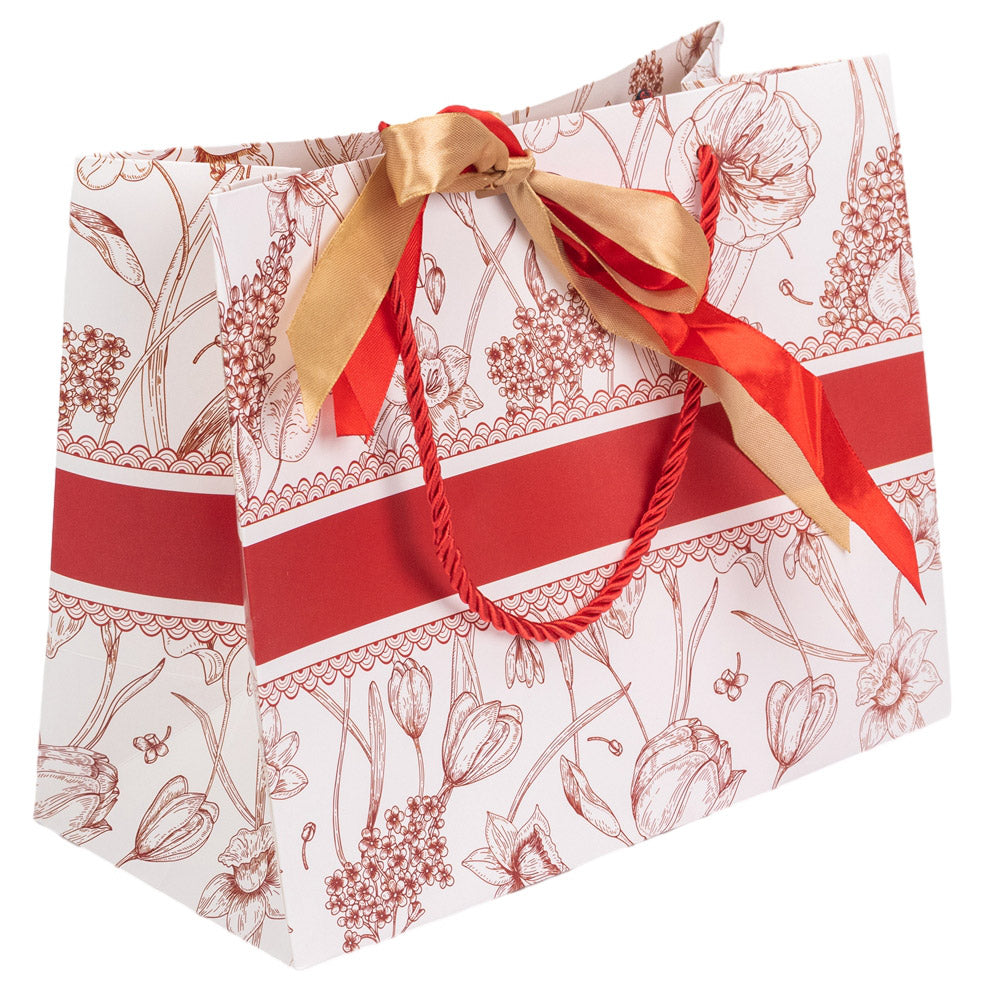 Pungă model floral cu 2 panglici colorate și mâner din sfoară - roșu (set 10 buc) 25x12x20cm 3 - craftup.ro