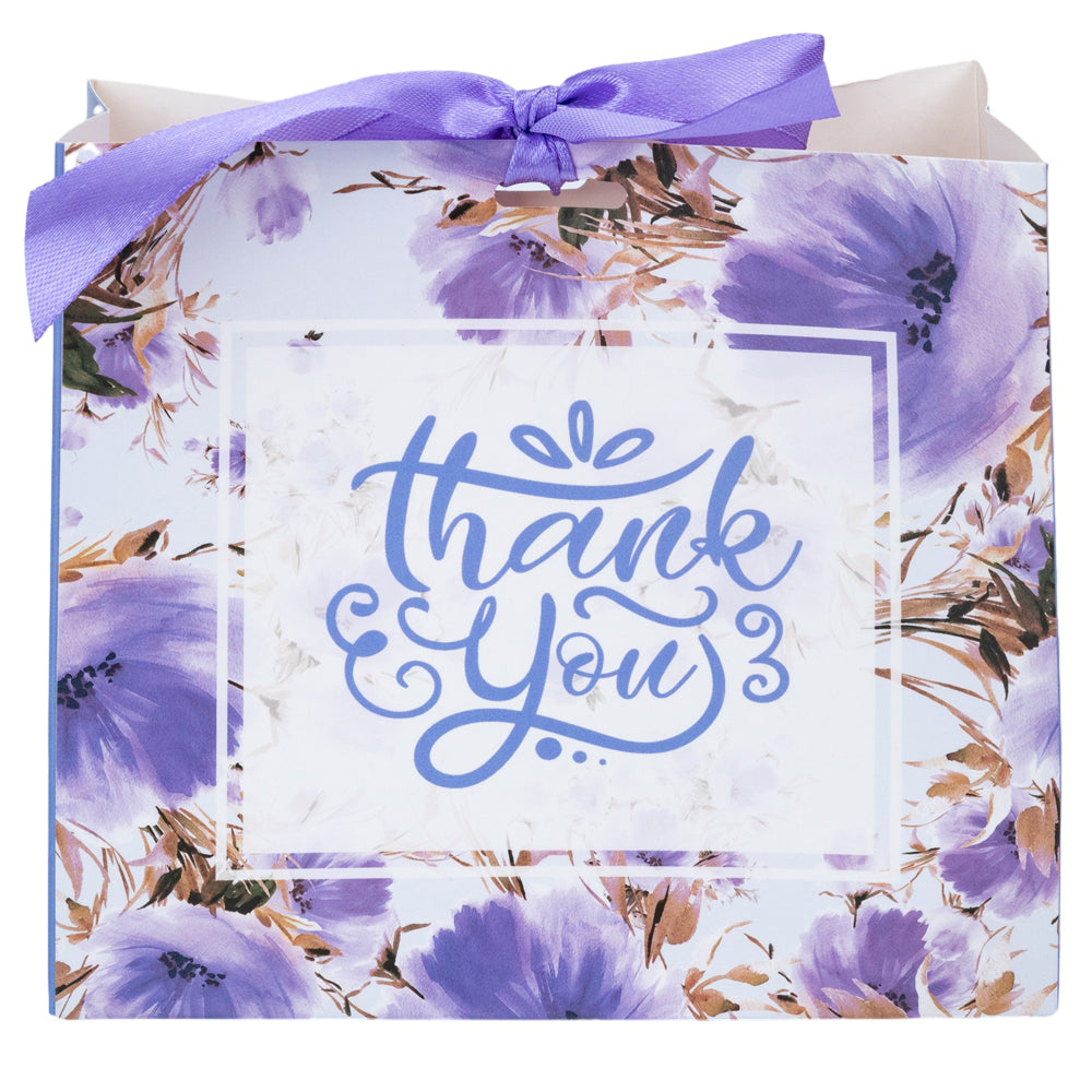 Pungă dreptunghiulară din hârtie Thank you cu model floral și panglică - mov (set 12 buc) - 16x14x7cm 1