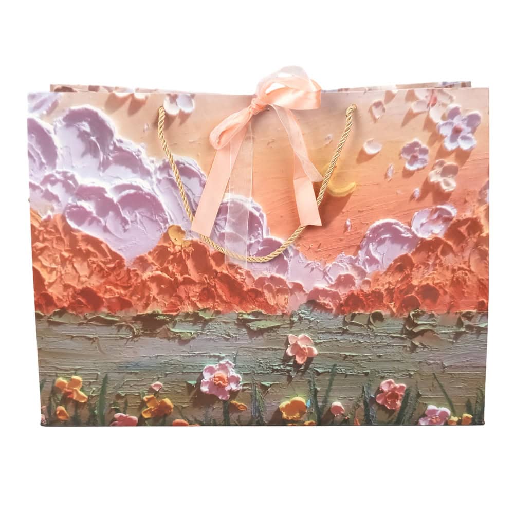 Pungi design pictură 3D cu mâner, fundă satinată și organza - portocaliu 3 - craftup.ro