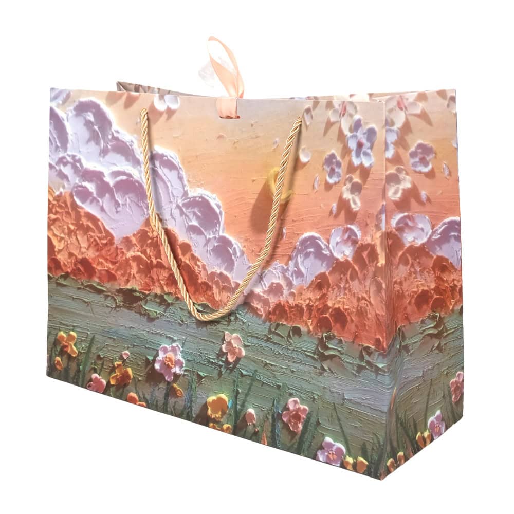 Pungi design pictură 3D cu mâner, fundă satinată și organza - portocaliu 4 - craftup.ro