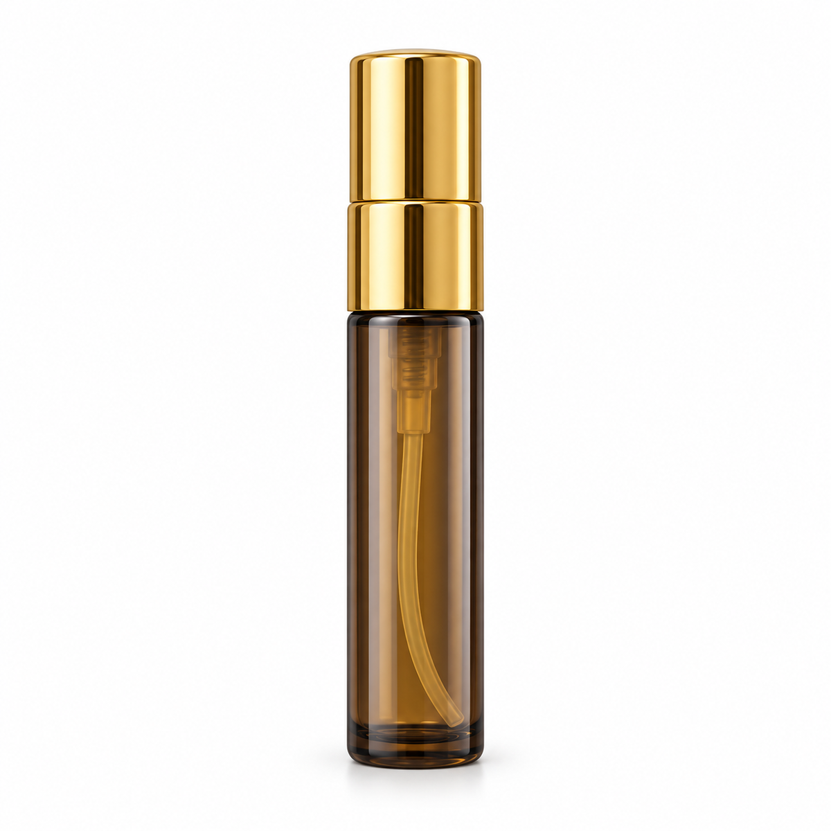 Sticluță ambră cu spray auriu 3 ml, pe fundal alb