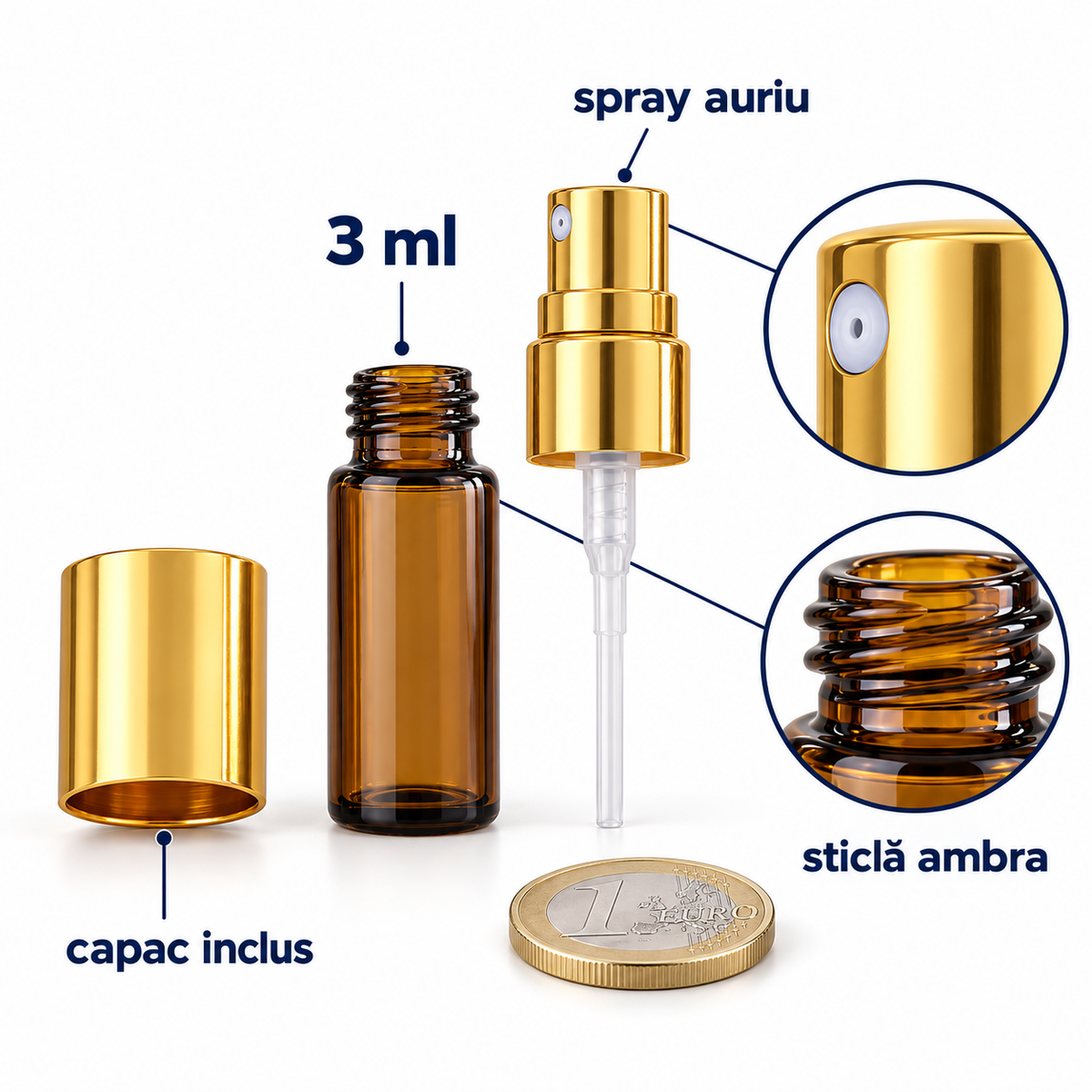Sticluță ambră cu spray auriu 3 ml, dimensiuni și componente