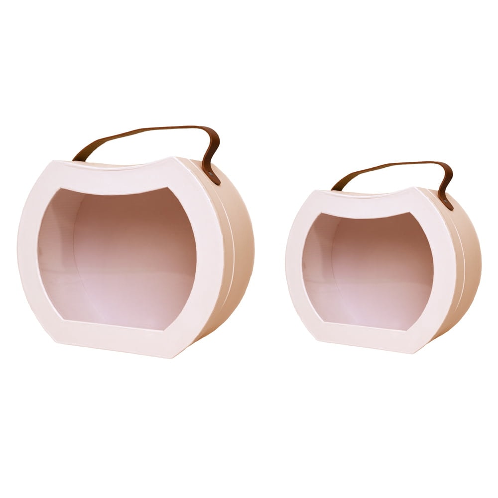 Set 2 cutii rotunjite cu mâner maro și fereastră - roz 3 - craftup.ro