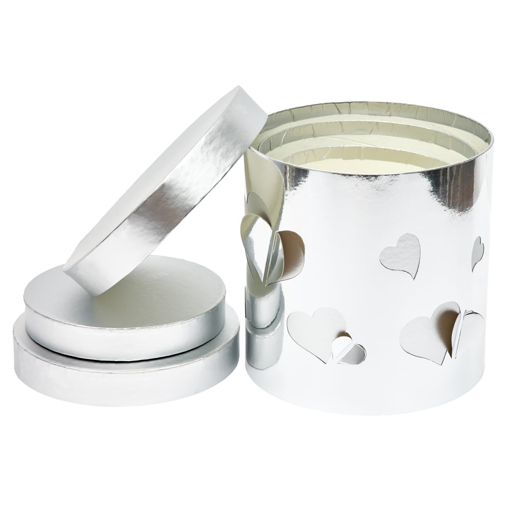 Set 3 cutii rotunde lucioase cu inimi - argintiu 2 - craftup.ro