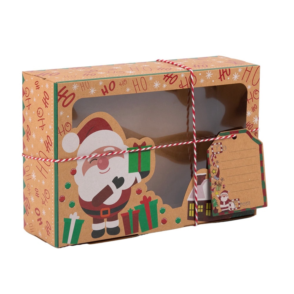 Set 6 cutii Crăciun 3 modele cu fereastră etichetă si sfoară - kraft 3 - craftup.ro