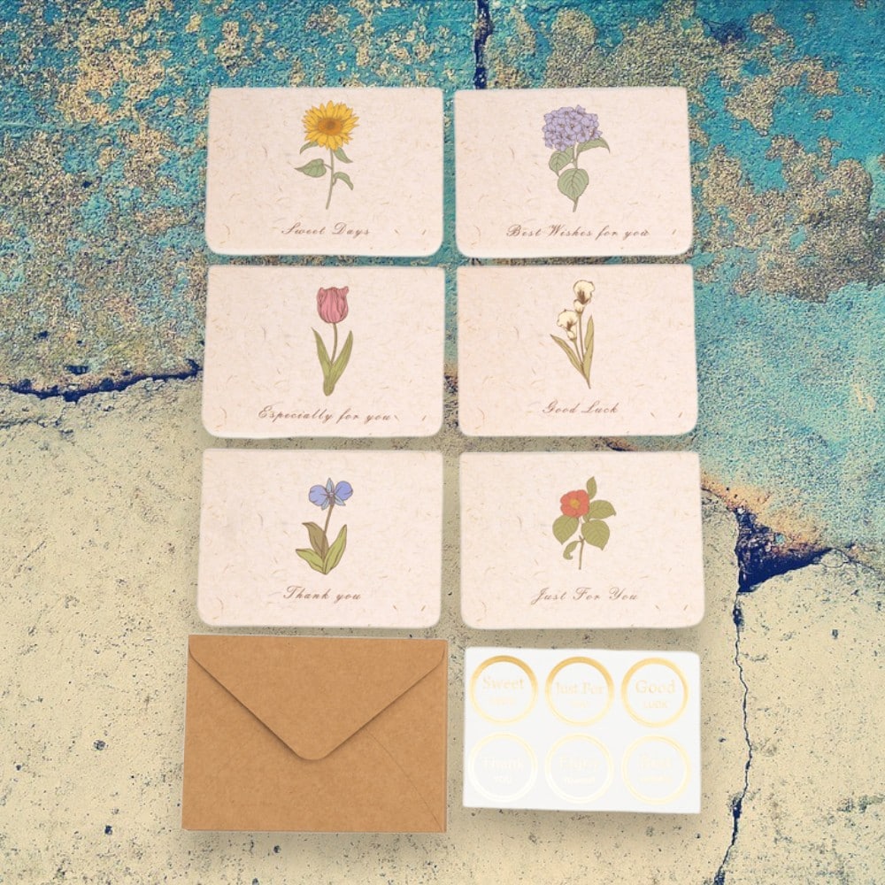 Set 6 felicitări diferite model floral cu text și sticker - bej 2 - craftup.ro